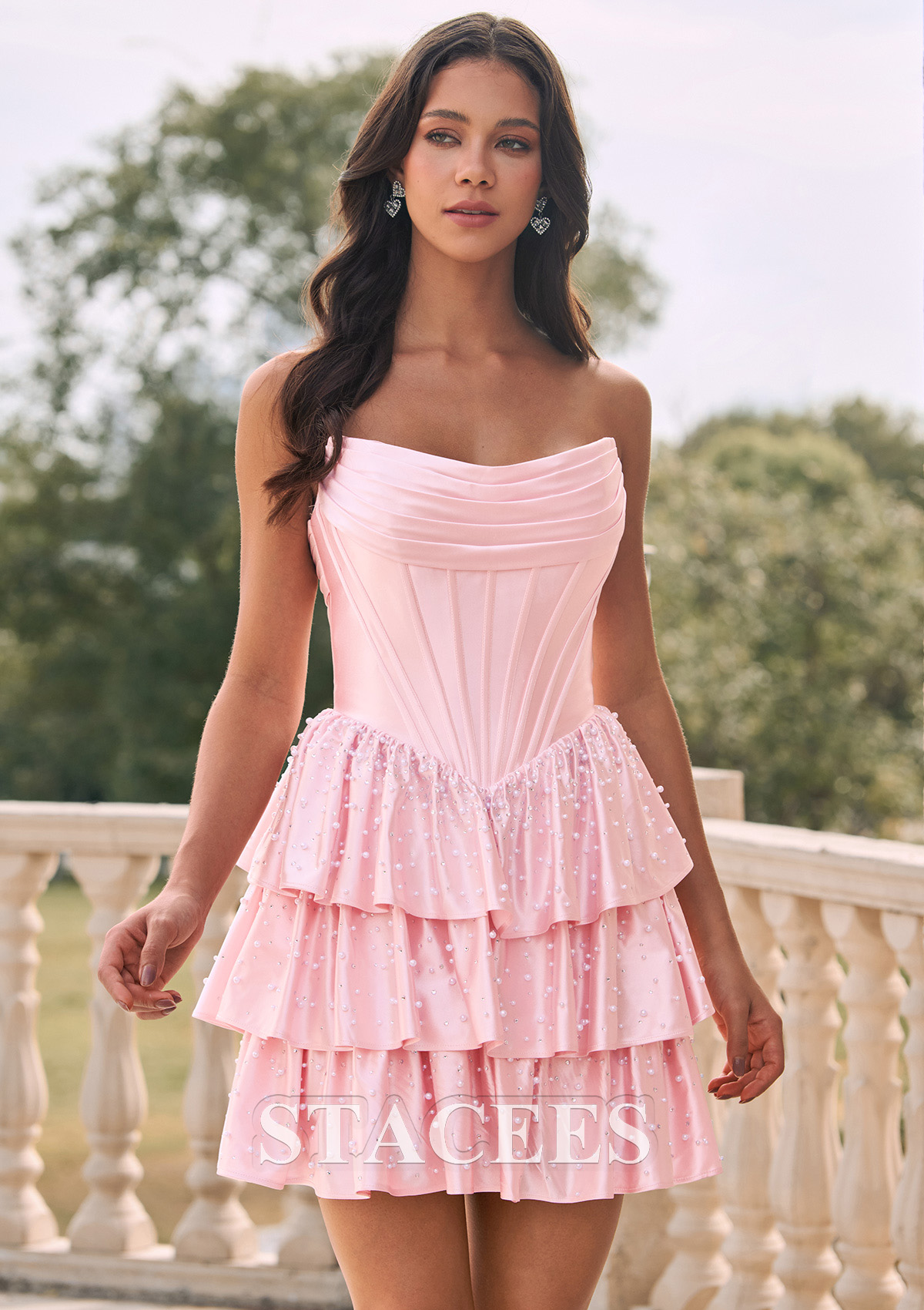 Blushing Pink A-line Pearl Beaded Ruffle Short Homecoming Dress with Strapless Corset - STACEES