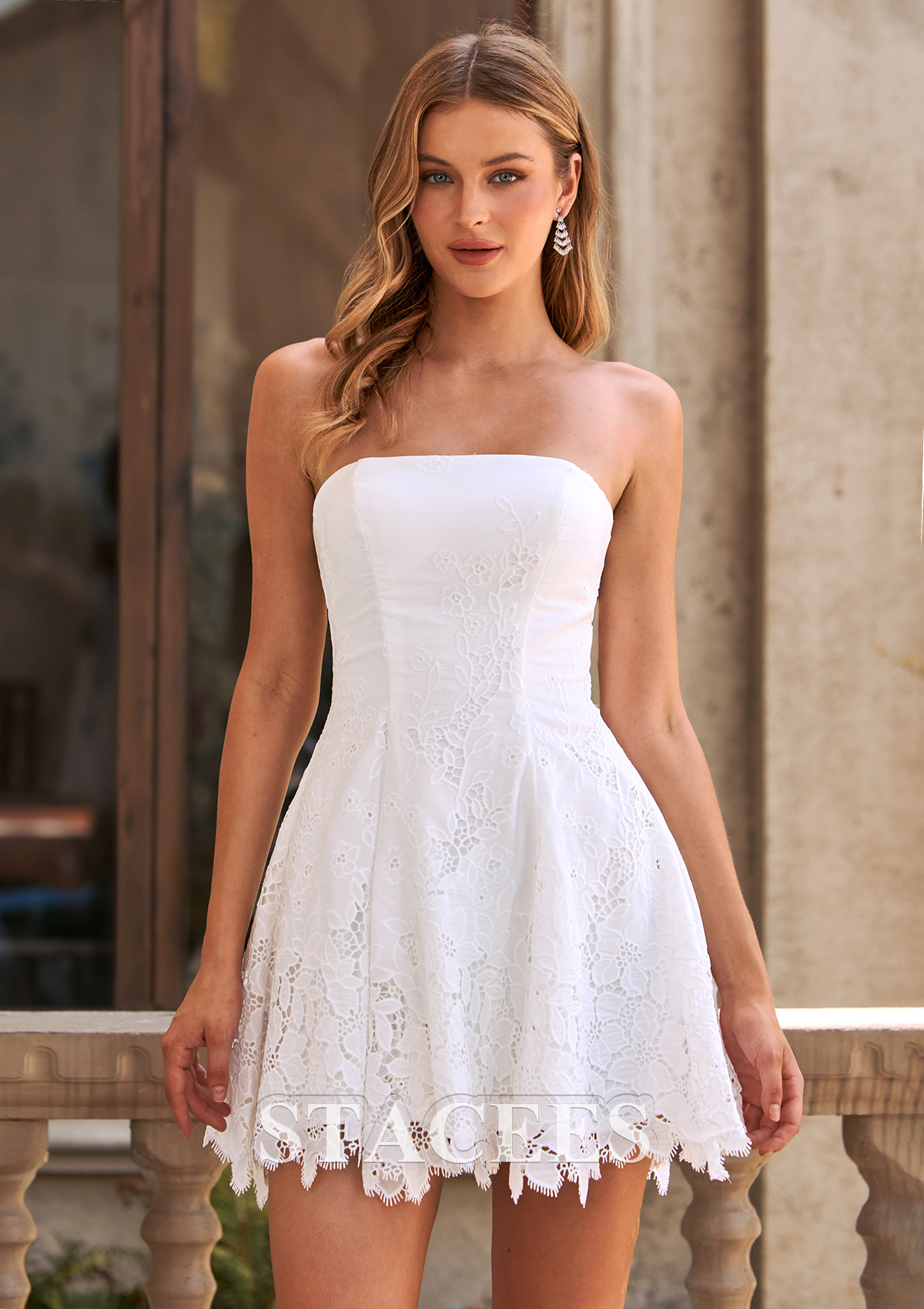 Ivory Strapless Floral Lace Short A-Line Graduation Dress - STACEES