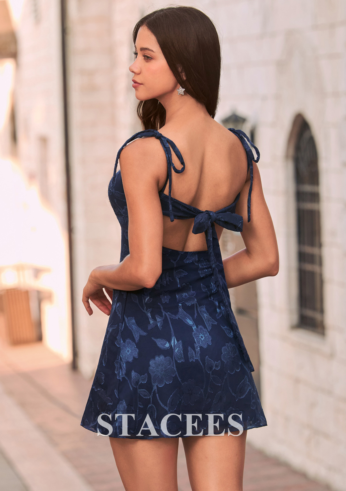 Dark Navy Floral Jacquard A-Line Bow-tie Straps Homecoming Dress - STACEES