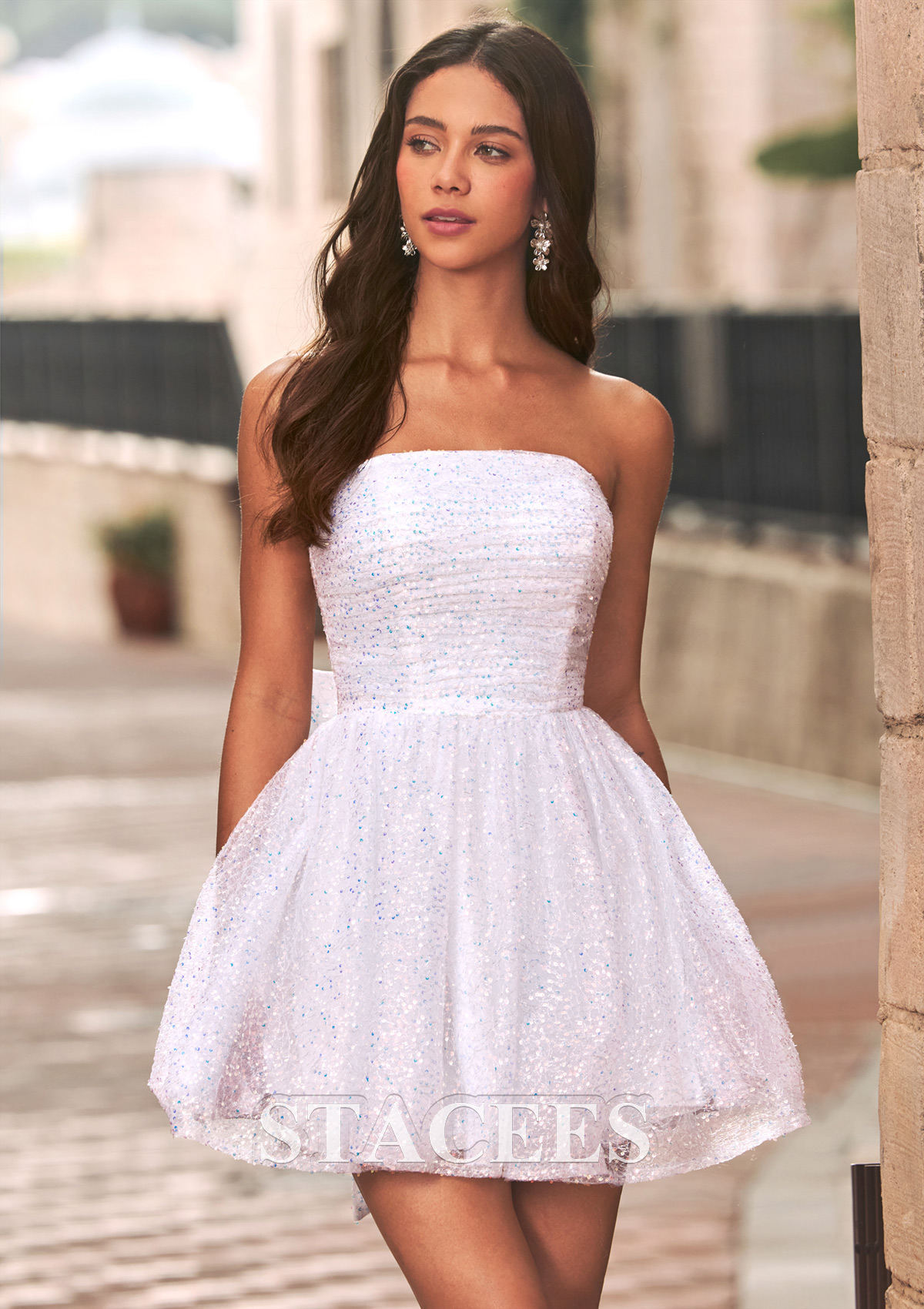 Ivory A-Line Sequin Strapless Homecoming Dress with Bow Back - STACEES