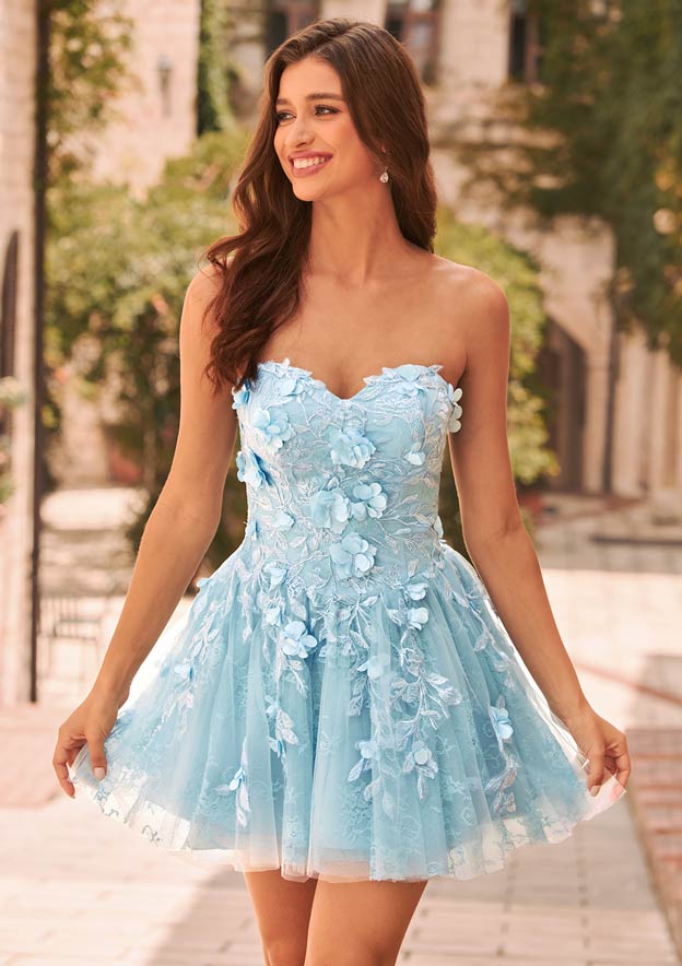blue floral hoco dress Strapless Lace A-line Cowl Neck Blue Floral Print Strapless Lace-Up Corset The back showcases a