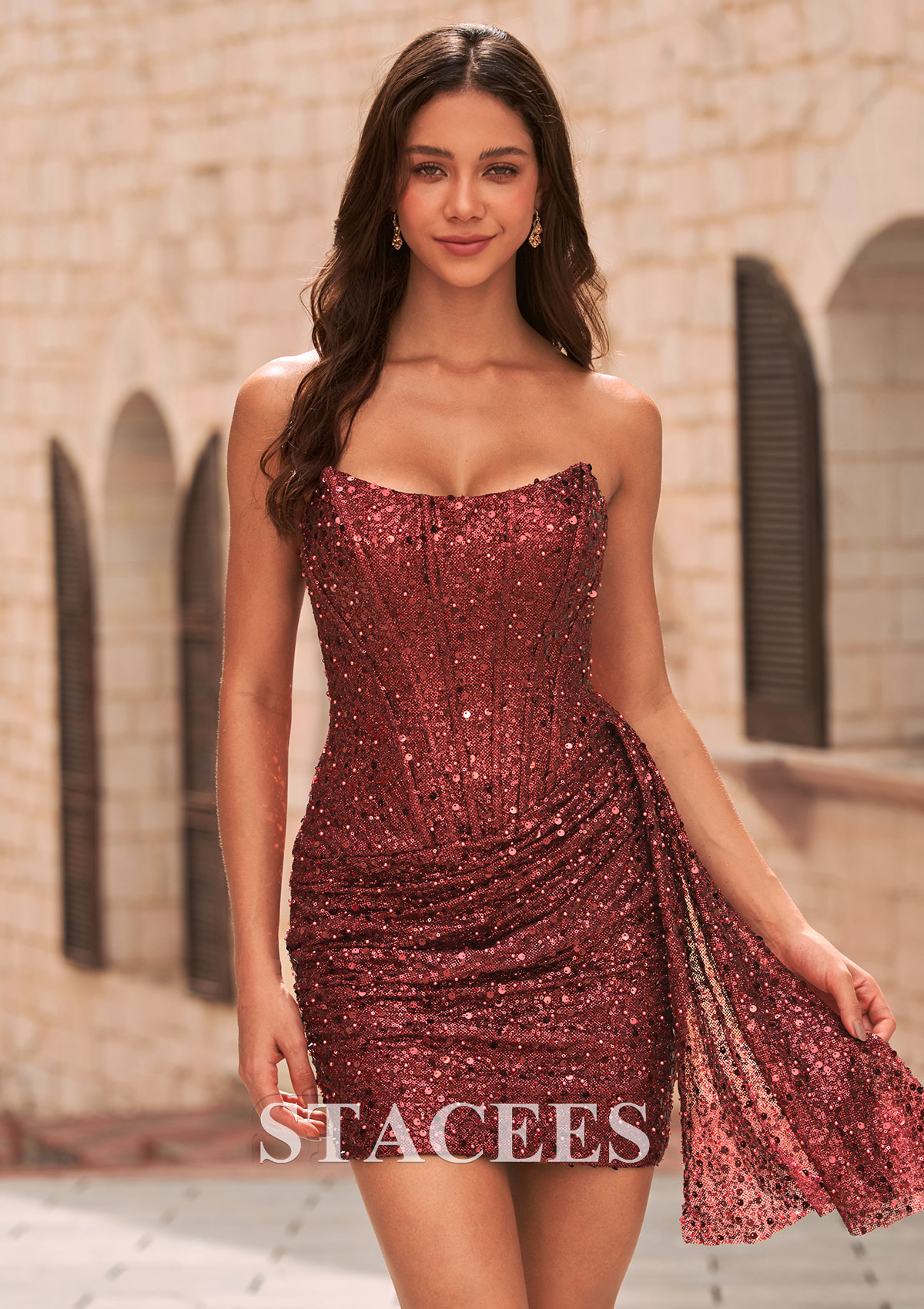 Burgundy Sequin Strapless Corset Mini Homecoming Dress with Side Ruffle - STACEES