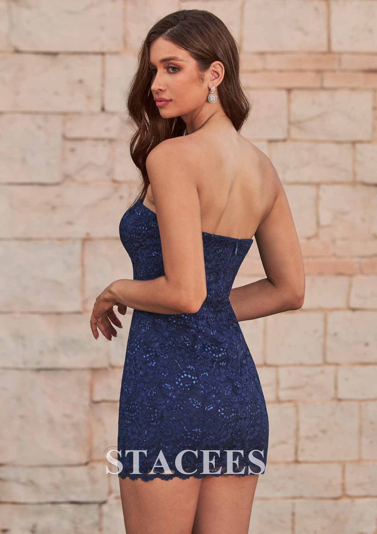Navy Blue Strapless Floral Sequin Lace Bodycon Mini Homecoming Dress - STACEES