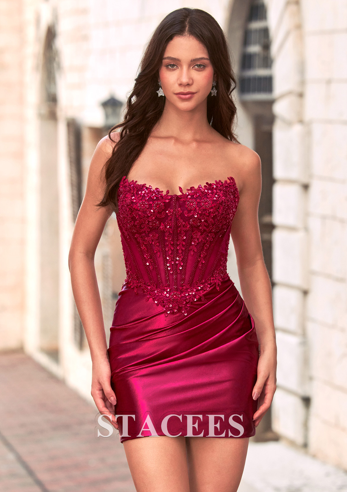 Burgundy Strapless Sequin Beaded Corset Silk like Satin Mini Homecoming Dress - STACEES