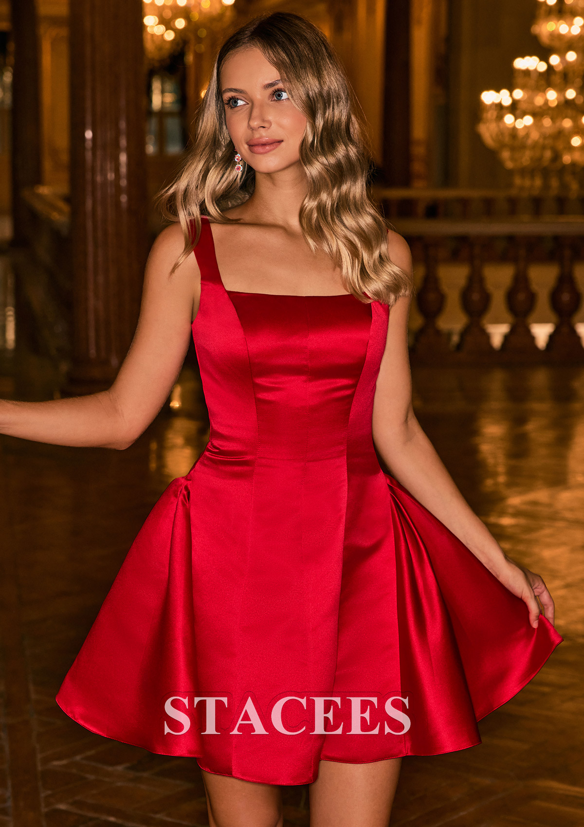 Rojo Vestido línea a escote bandeja satén corto vestido para homecoming - STACEES