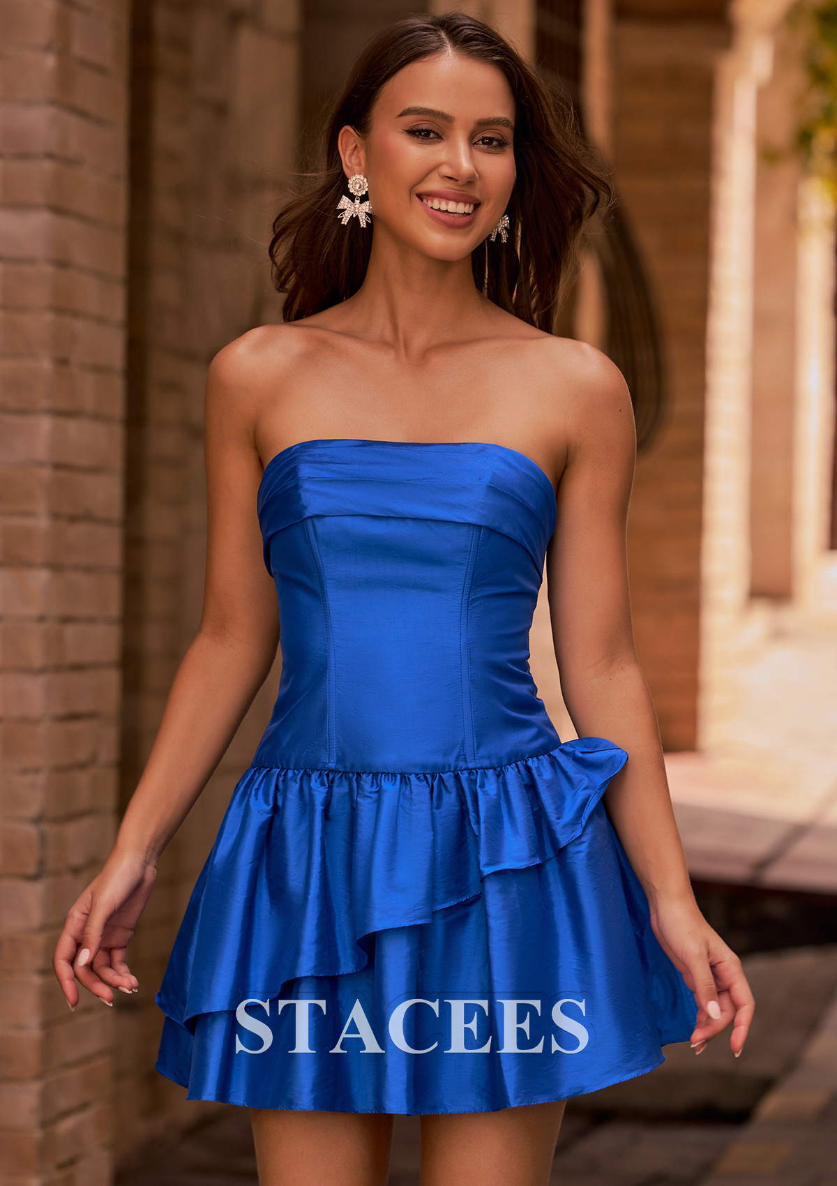 Royal Blue A-line Cowl Neck Strapless Taffeta Ruffle Layer Homecoming Dress - STACEES