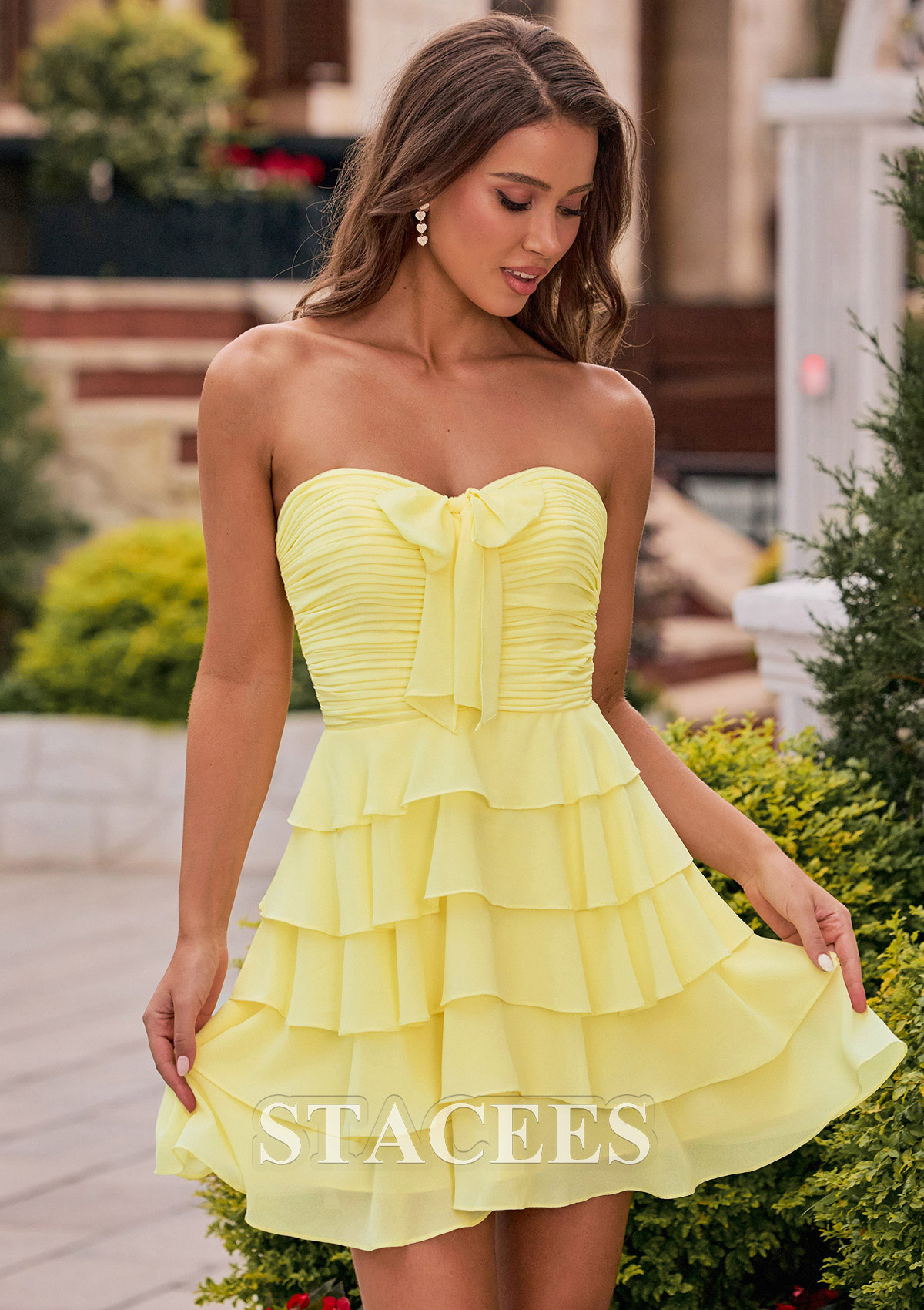 Narciso Vestido línea a cuello de corazón gasa corto vestido para homecoming - STACEES