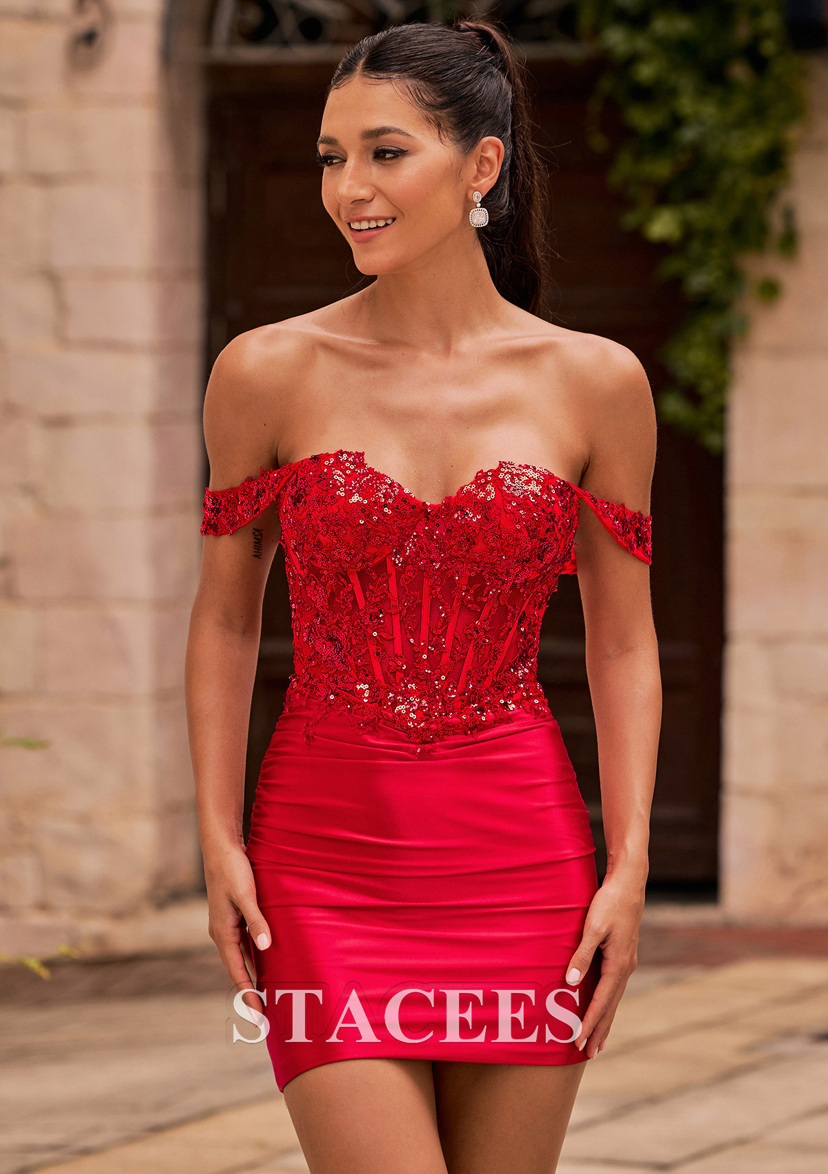 Red Off-the-Shoulder Sequin Lace Corset Silk like Satin Homecoming Dress with Pleats - STACEES