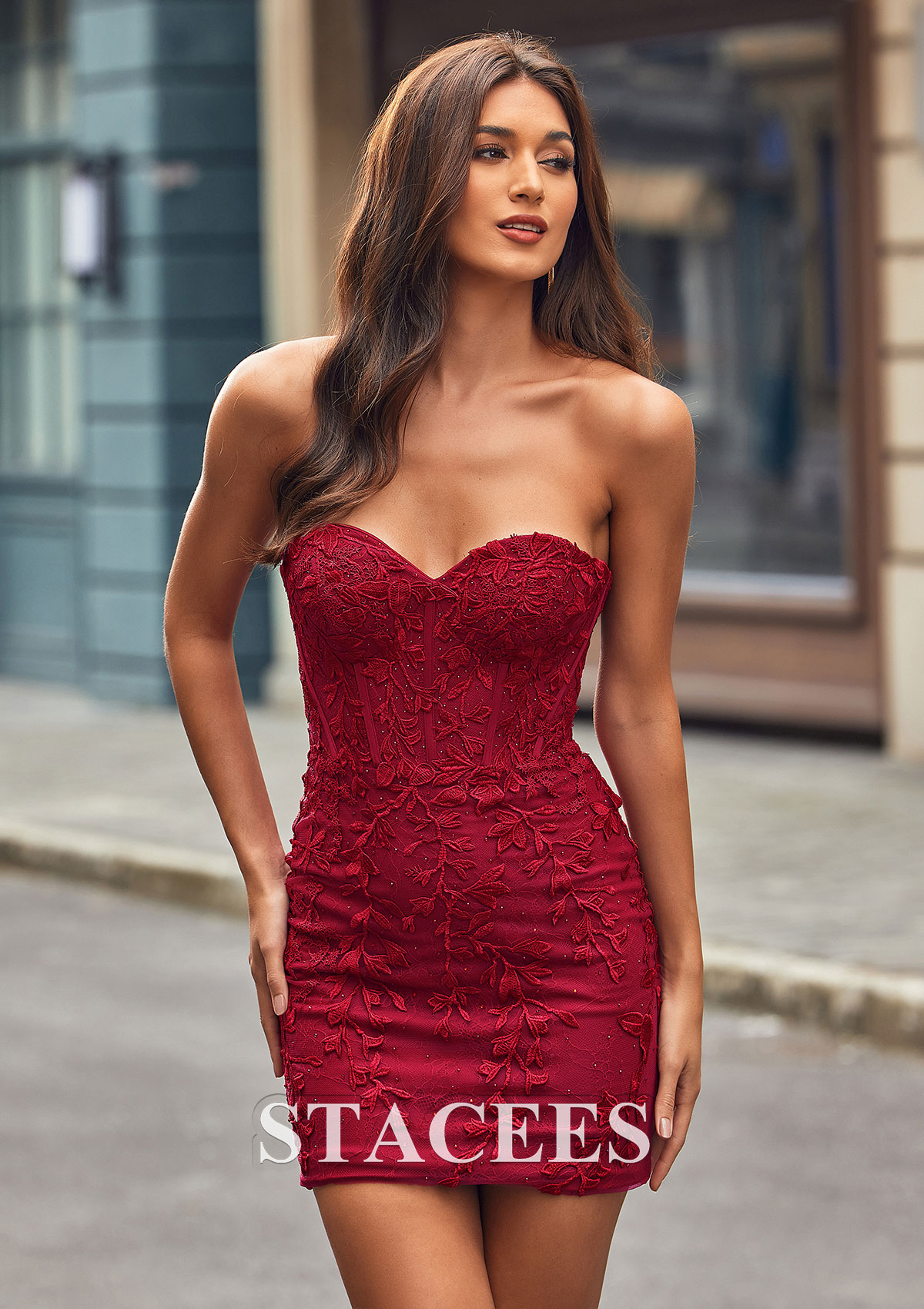 Bordeaux Fourreau cache coeur tulle courte/mini robe de fête de la rentrée  - STACEES