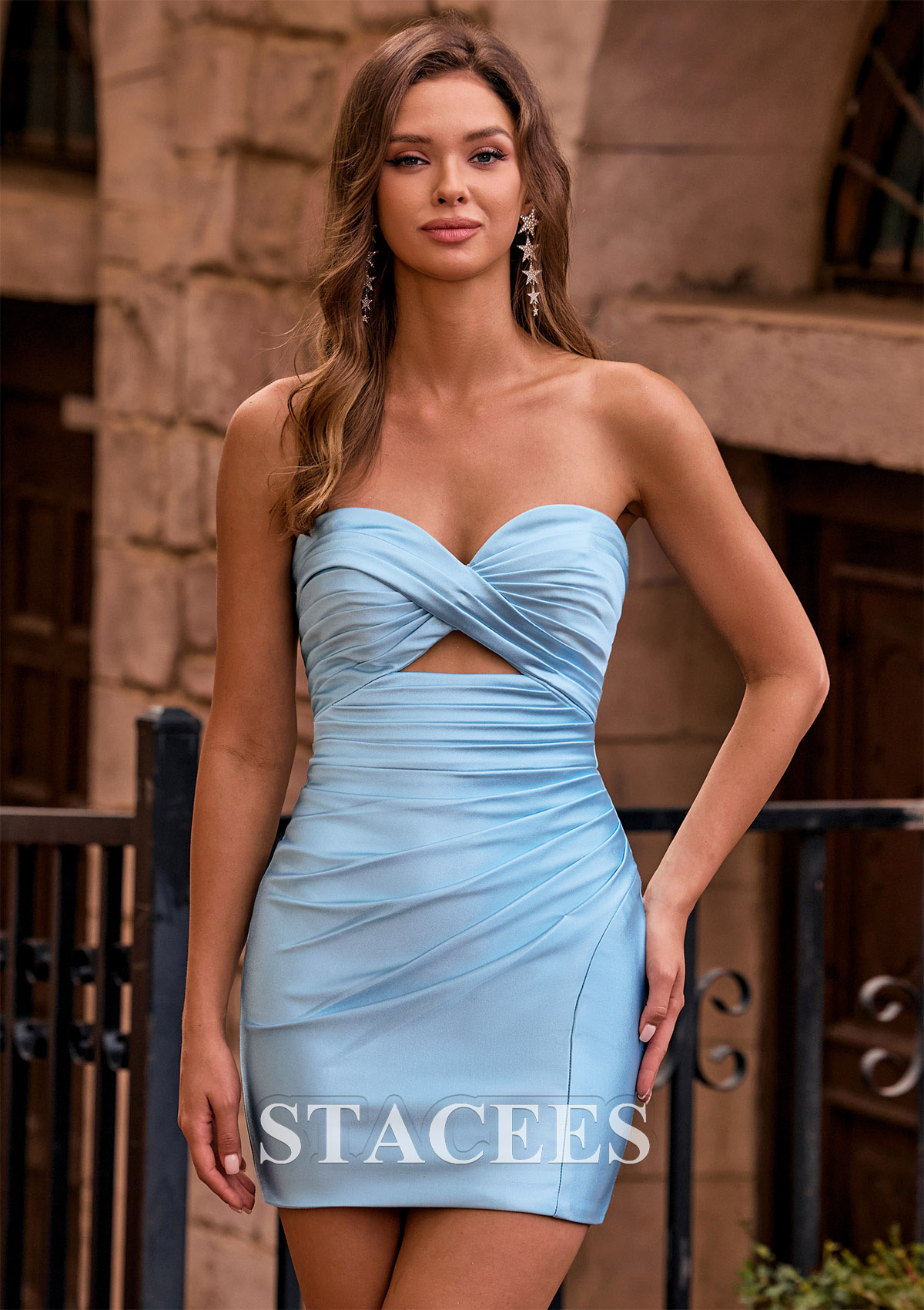 Azul Cielo Tubo cuello de corazón seda como el satén corto vestido para homecoming - STACEES