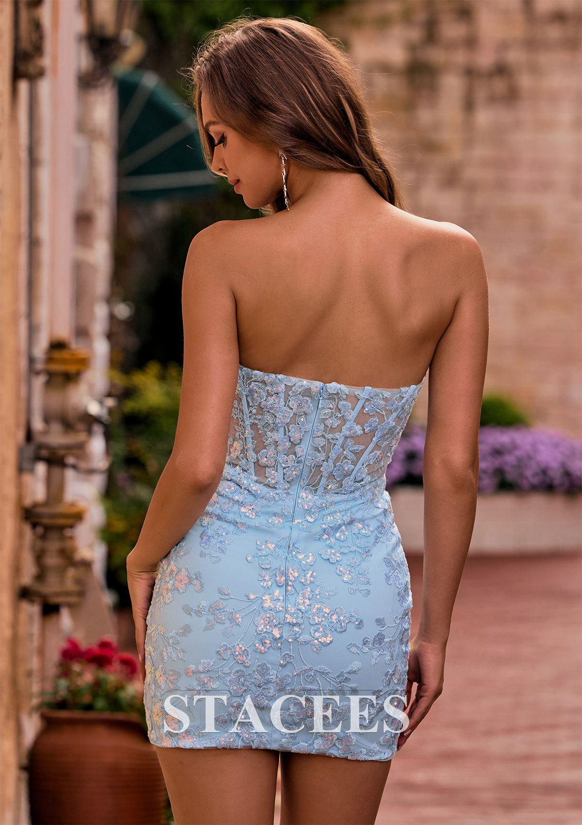 Bleu Ciel Fourreau cache coeur tulle courte/mini robe de fête de la rentrée avec appliqué paillettes - STACEES