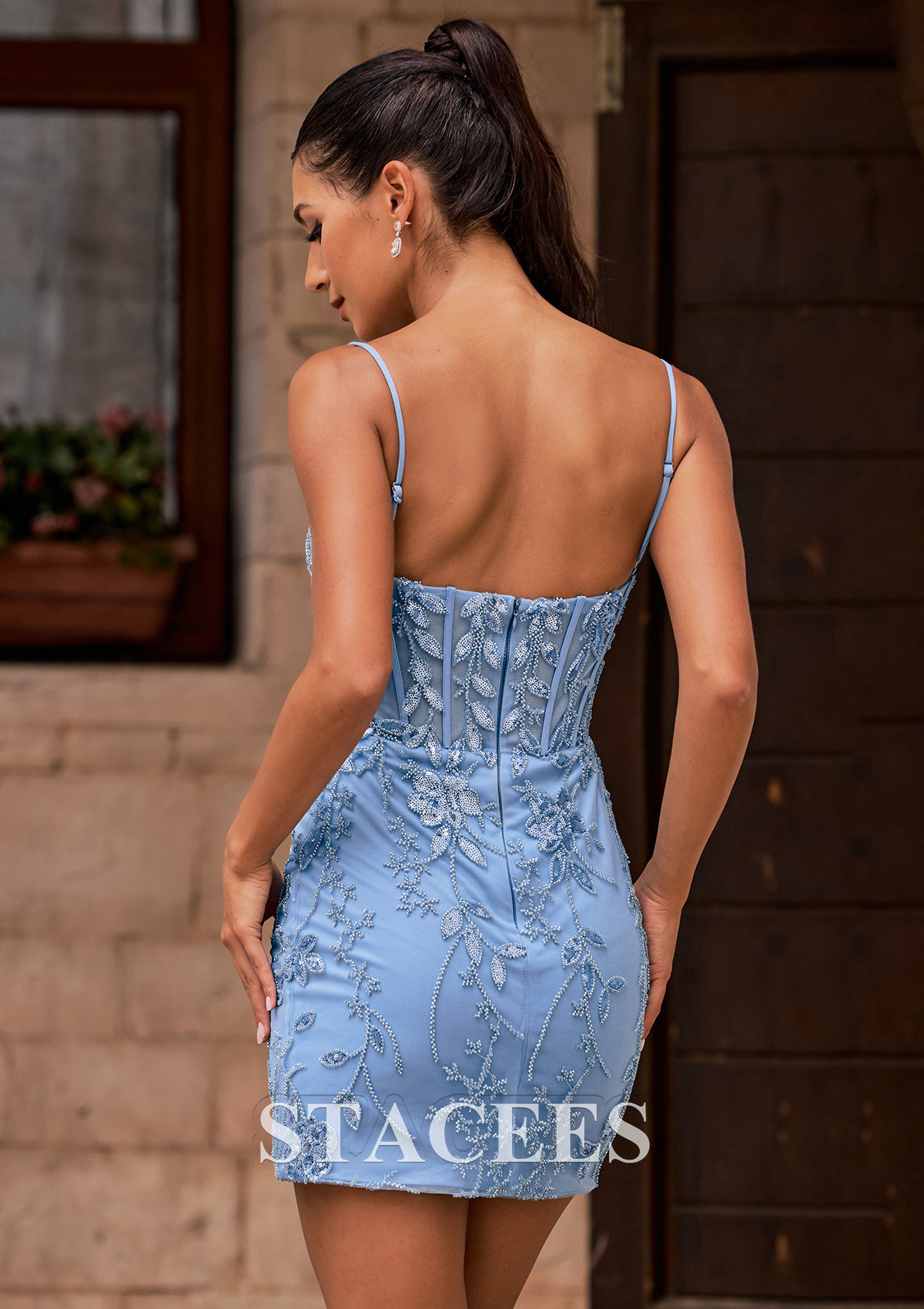 Dusty Blue Fitted Illusion Corset Beaded Homecoming Dress with Sequins - STACEES