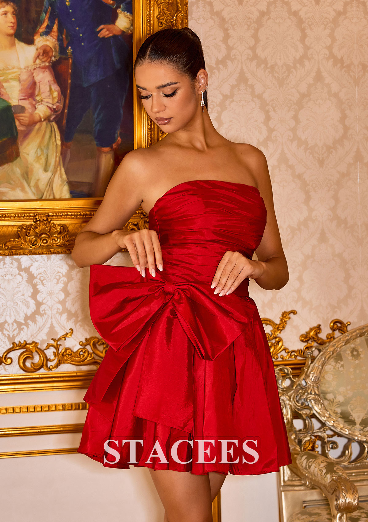 Red A-line Strapless Taffeta Short Homecoming Dress with Bowknot Pleated - STACEES