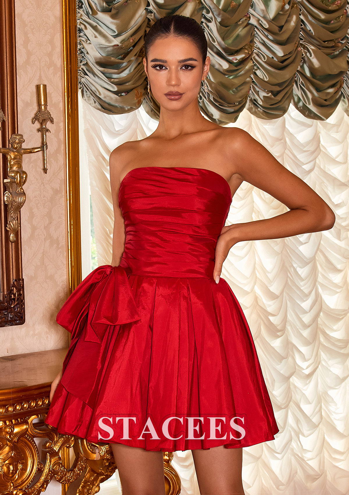 Red A-line Strapless Taffeta Short Homecoming Dress with Bowknot Pleated - STACEES