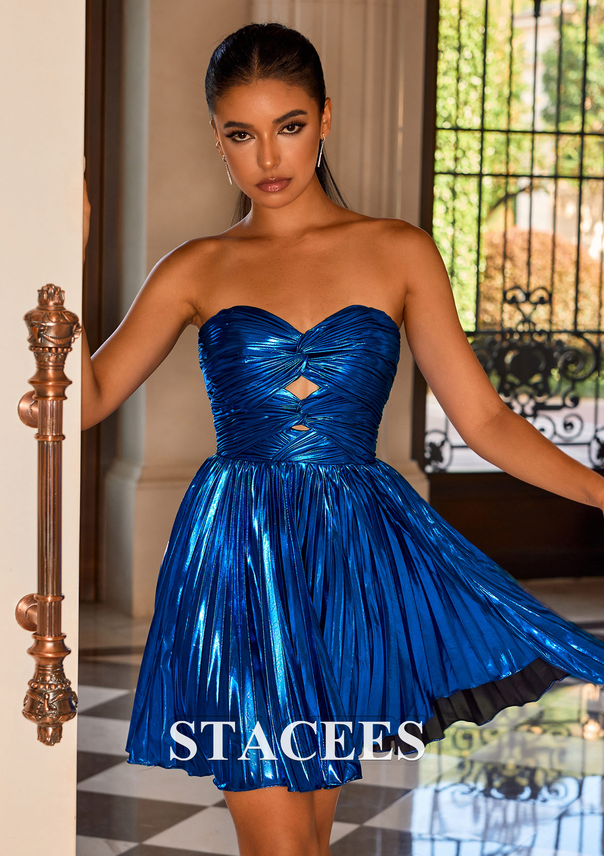 Ocean Blue A-line Strapless Ruched Metallic Short Homecoming Dress with Cut Out - STACEES