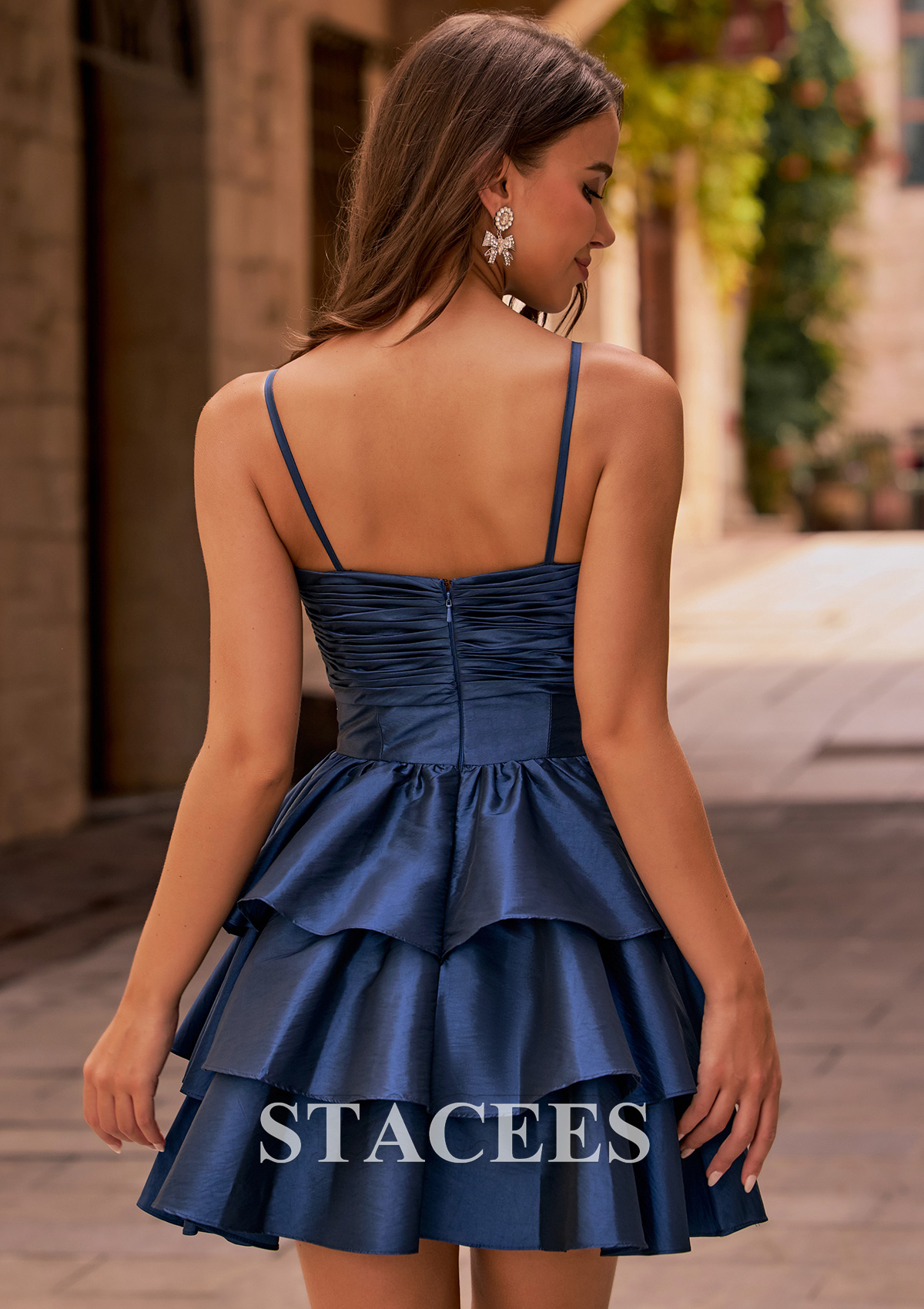 Azul Marino Oscuro Vestido línea a cuello de corazón tafetán corto vestido para homecoming - STACEES