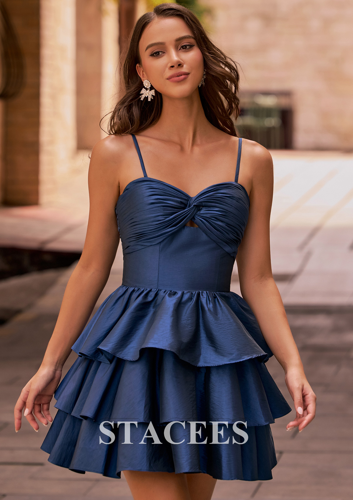 Azul Marino Oscuro Vestido línea a cuello de corazón tafetán corto vestido para homecoming - STACEES