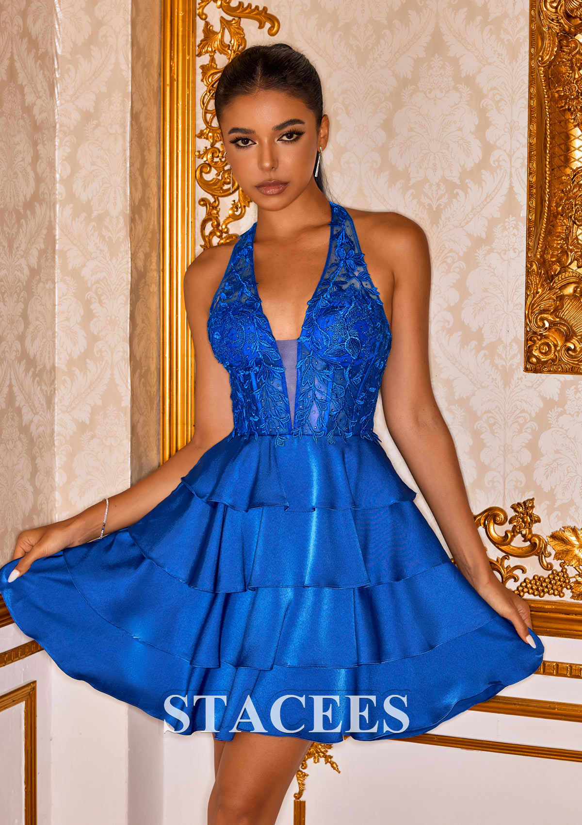 Royal Blue Vestido línea a cuello halter satén elástico corto/mini vestido para homecoming - STACEES
