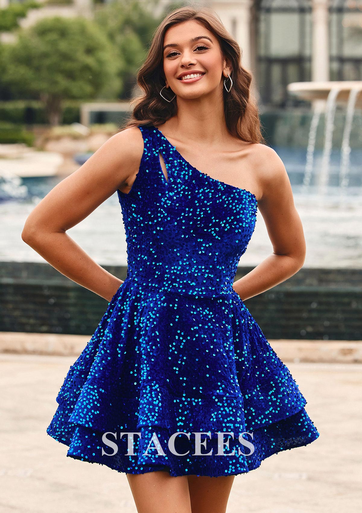 Royal Blue A-line One-Shoulder Short/Mini Velvet Sequins Homecoming Dress with Ruffles - STACEES