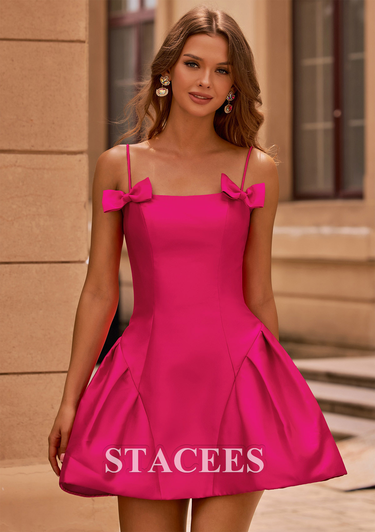 Fuchsia Robe trapèze carrée mikado courte/mini robe de fête de la rentré avec noeuds papillons - STACEES