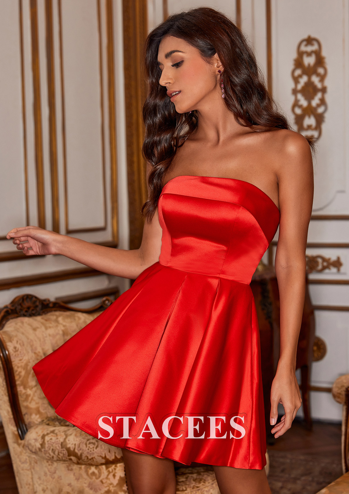 Rojo Vestido línea a cuello cuadrado satén corto/mini vestido para homecoming - STACEES