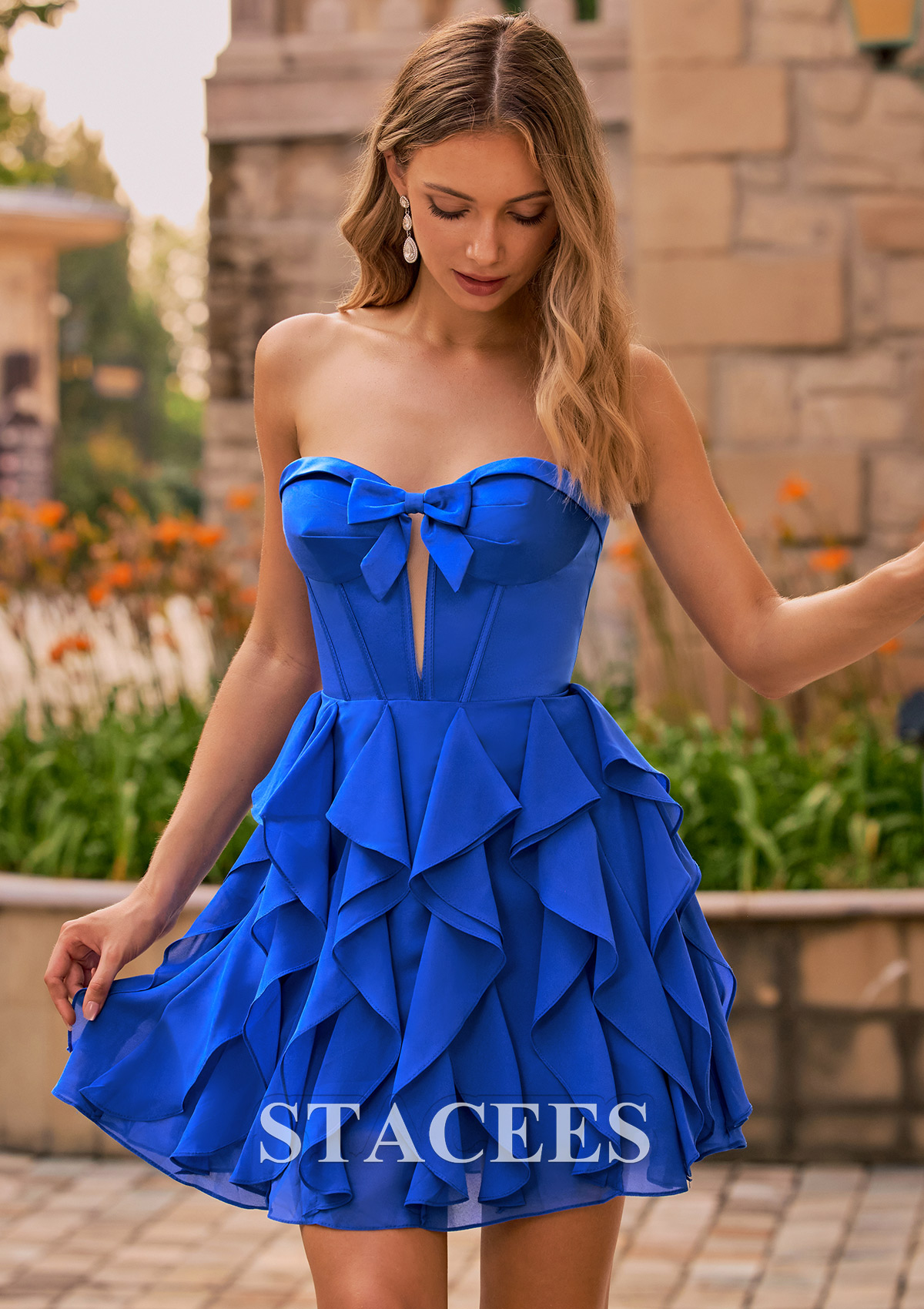 Azul Océano Vestido línea a cuello de corazón gasa satén corto vestido para homecoming - STACEES