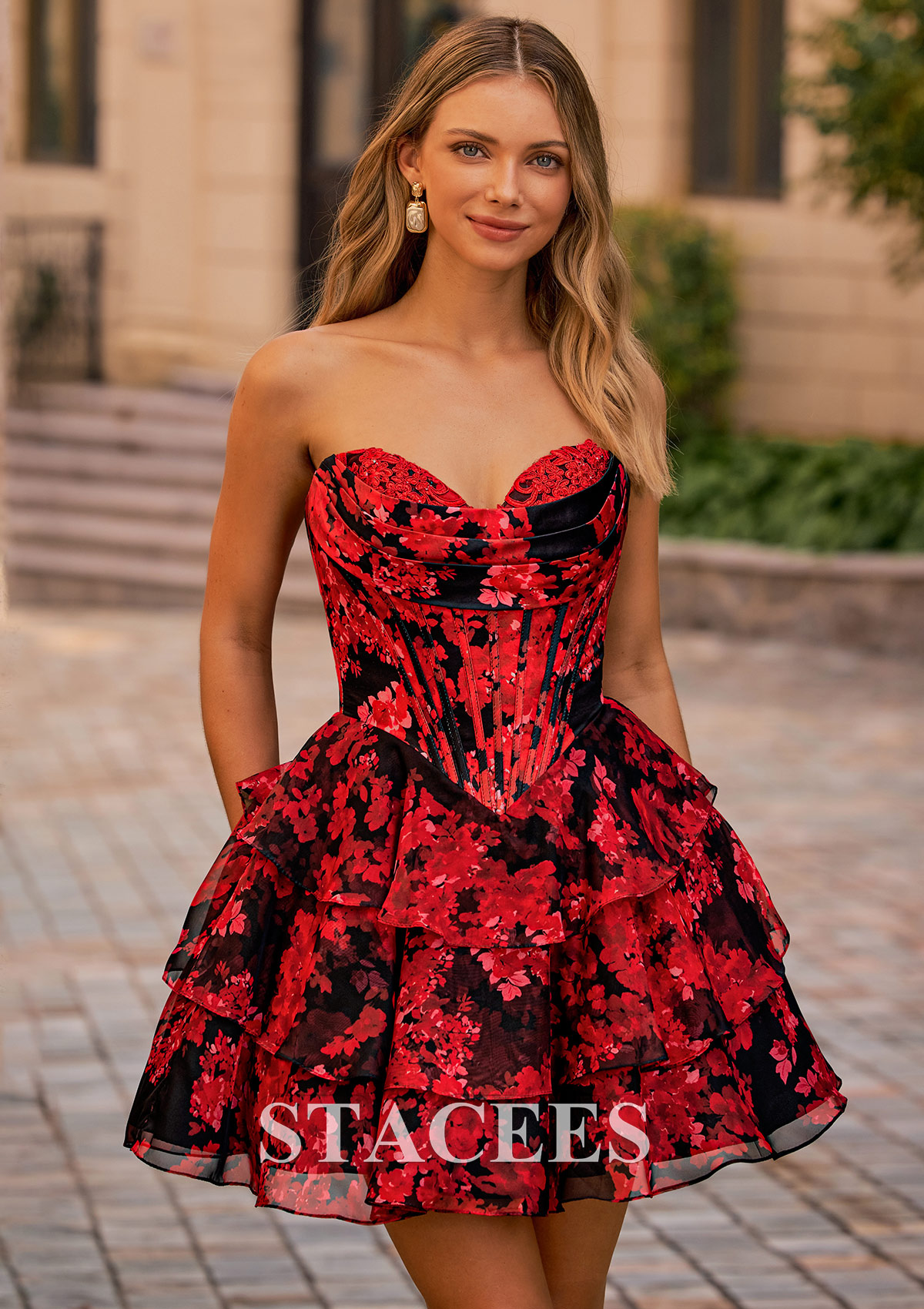 Floral Rojo Vestido línea a cuello de corazón gasa corto vestido para homecoming - STACEES