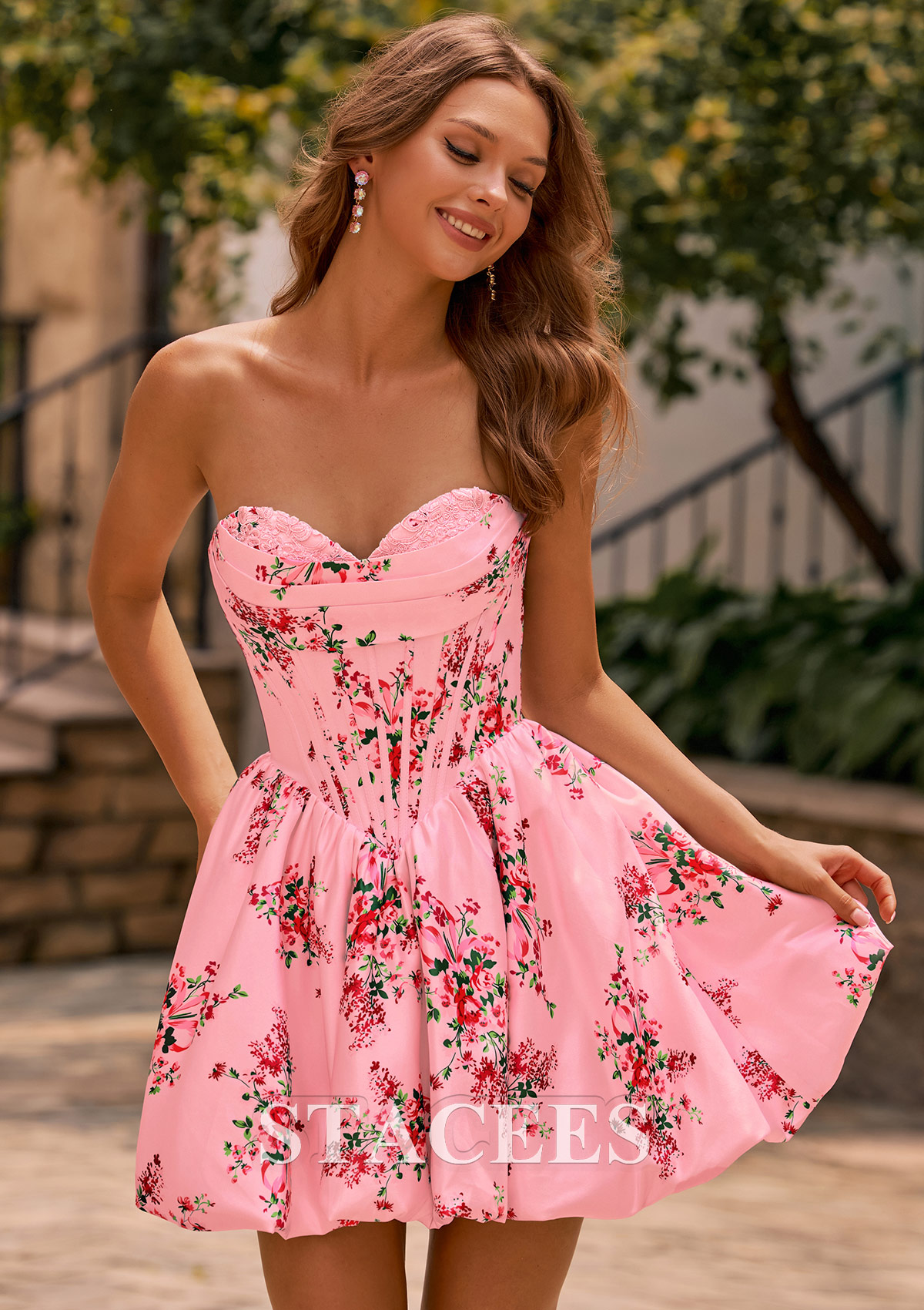 Blushing Pink Floral A-line Strapless Corset Floral Print Satin Bubble Homecoming Dress - STACEES