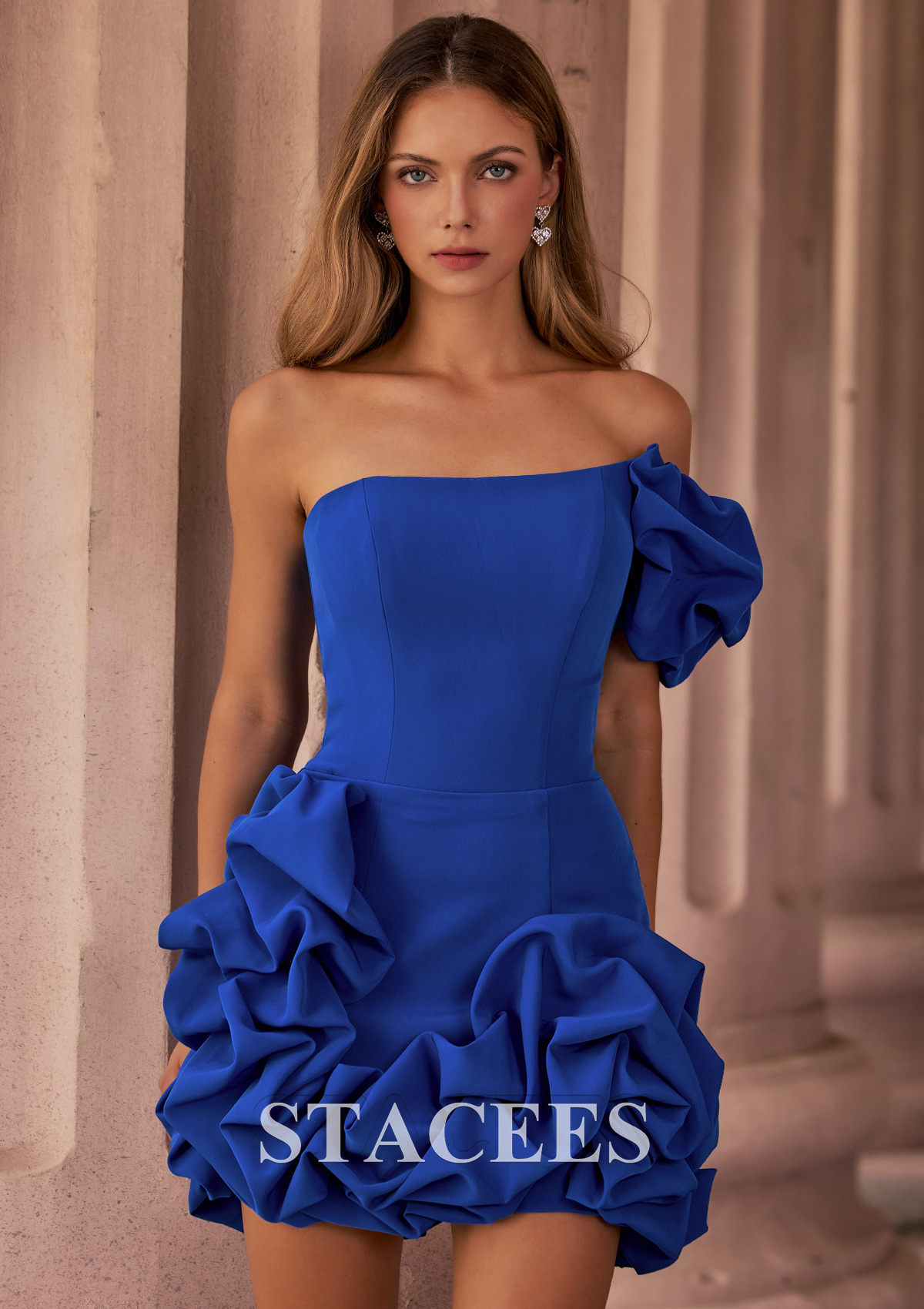 Bleu Royal Fourreau une épaule satin élastique courte/mini robe de fête de la rentrée avec volants - STACEES