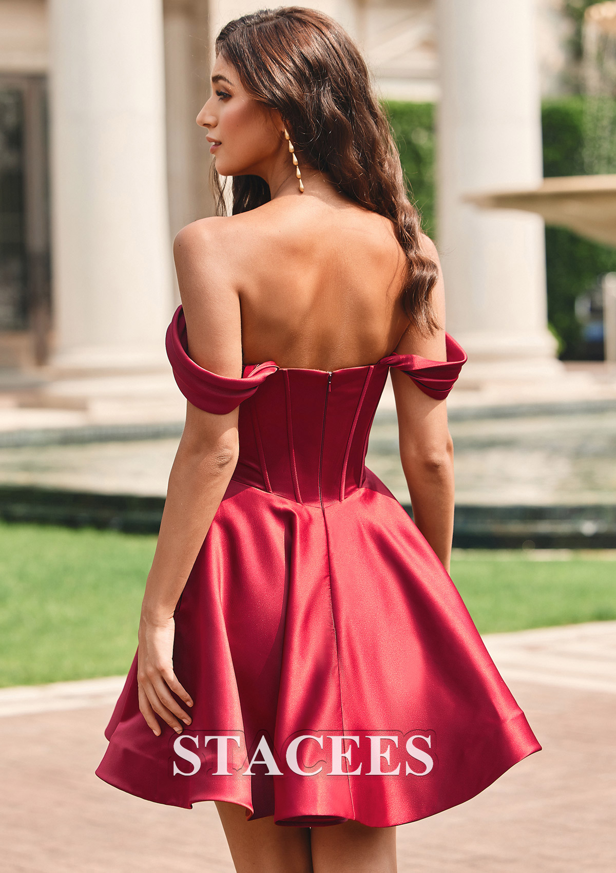 Bordeaux Robe trapèze Robe Marquise épaule dénudée satin courte/mini robe de fête de la rentrée  - STACEES