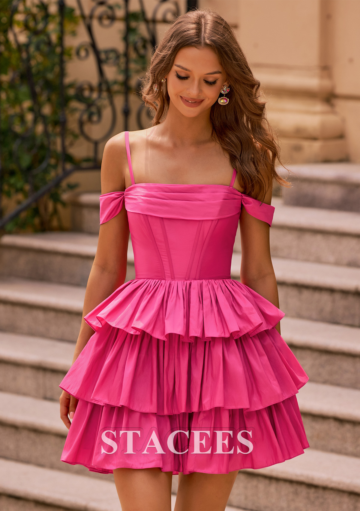 Rose Vif Robe trapèze bateau taffetas courte/mini robe de fête de la rentré avec plissé volants - STACEES