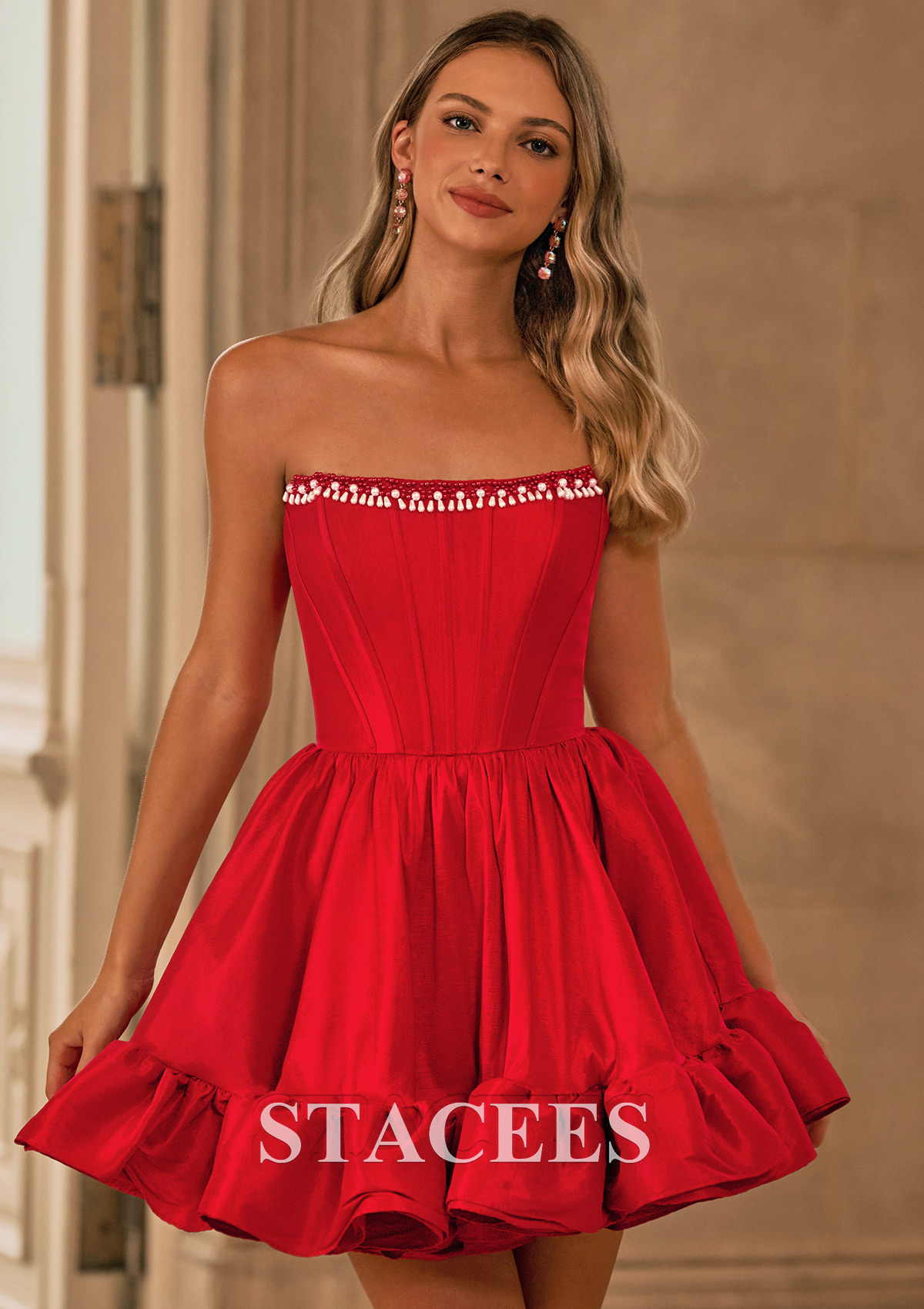 Red A-line Pearl Bateau Taffeta Strapless Corset Ruffled Bubble Homecoming Dress - STACEES