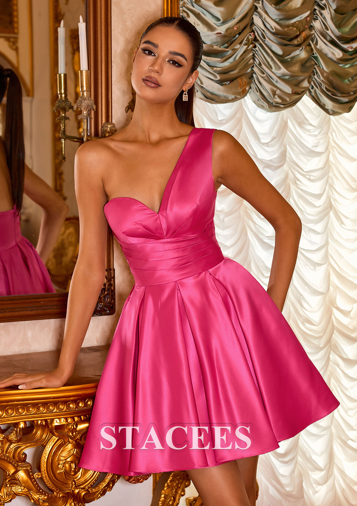 Rose Vif Robe trapèze une épaule satin courte/mini robe de fête de la rentrée  - STACEES