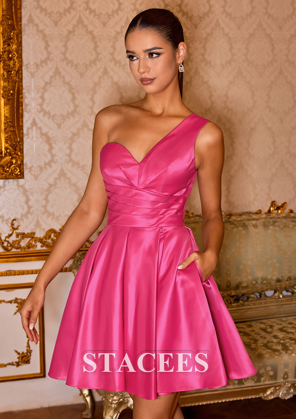 Rose Vif Robe trapèze une épaule satin courte/mini robe de fête de la rentrée  - STACEES