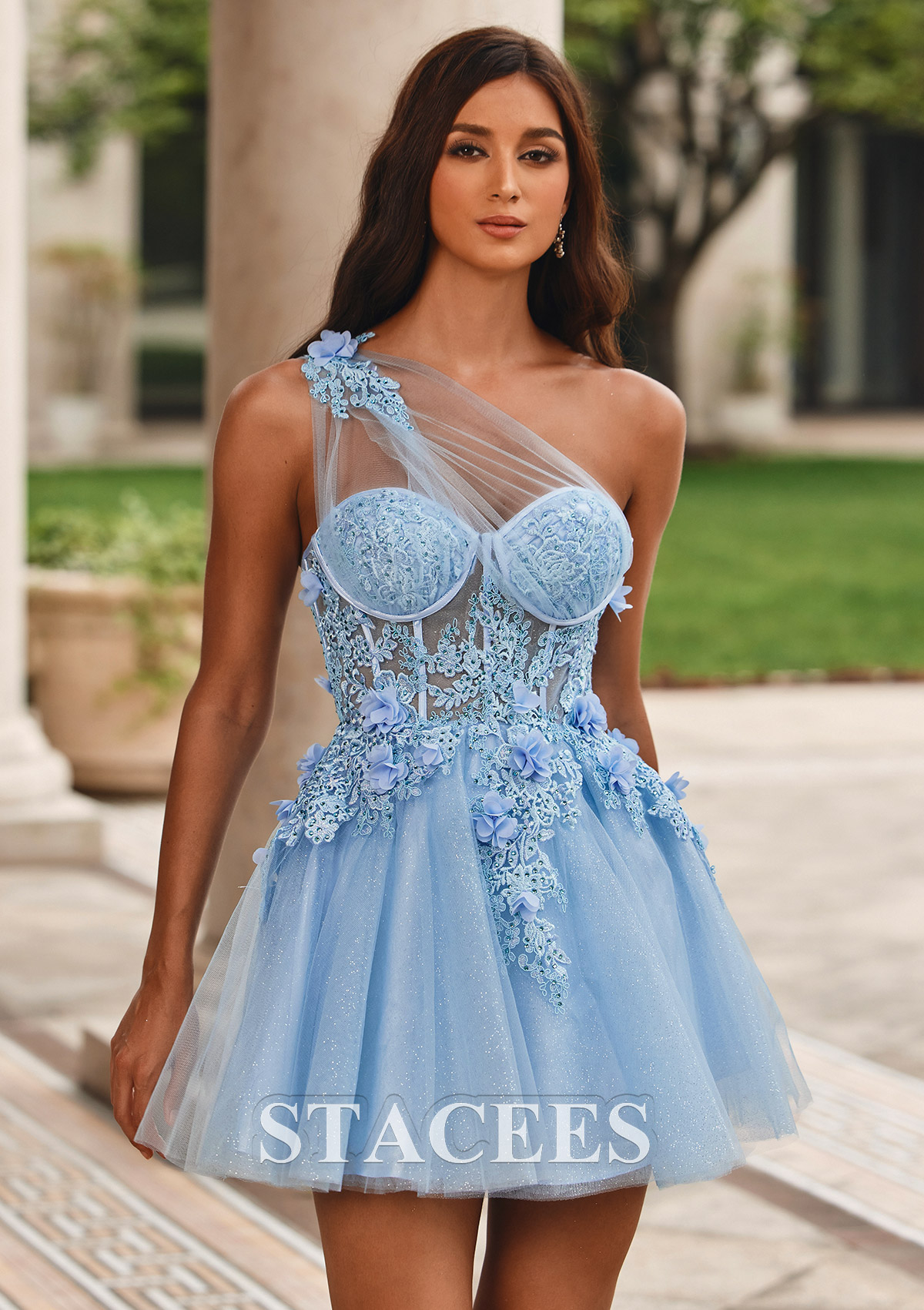 Azul Cielo Vestido línea a un hombro tul corto/mini vestido para homecoming - STACEES