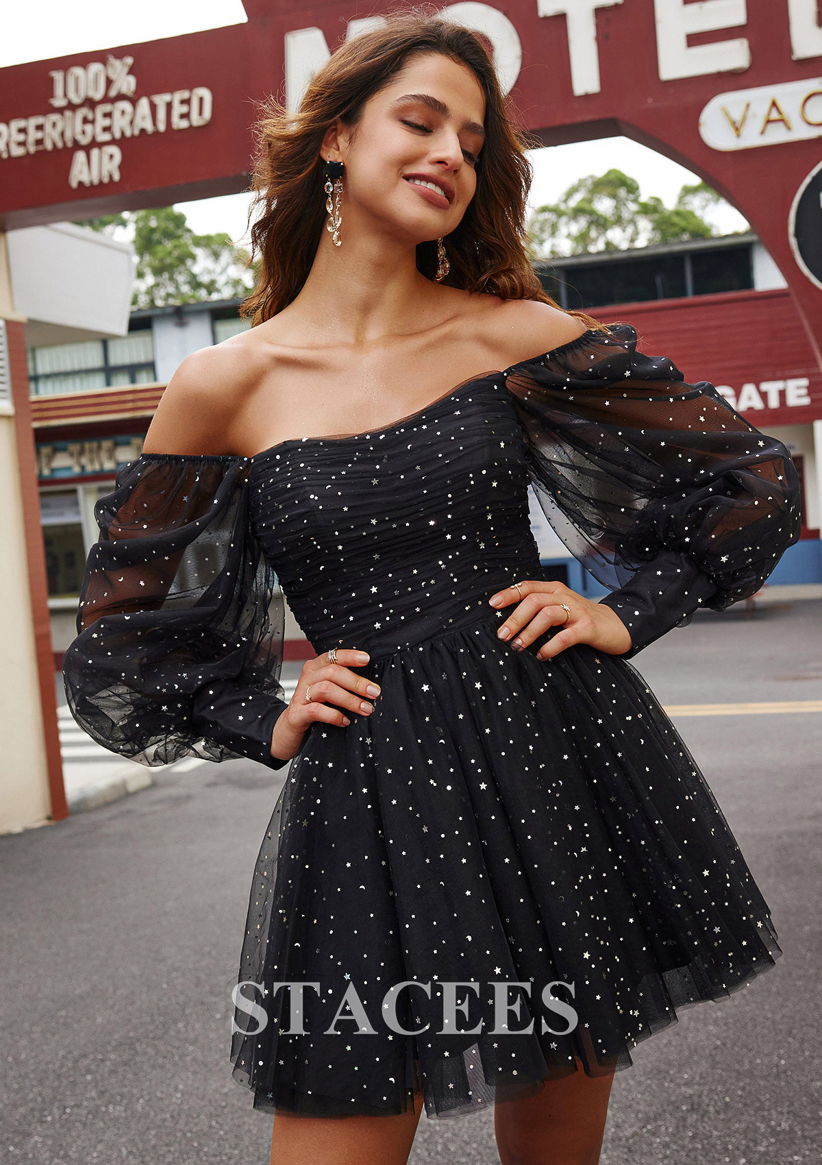 Black A-line Princess Off-the-Shoulder Full/Long Sleeve Short/Mini Tulle Homecoming Dress with Pleated Sequins - STACEES