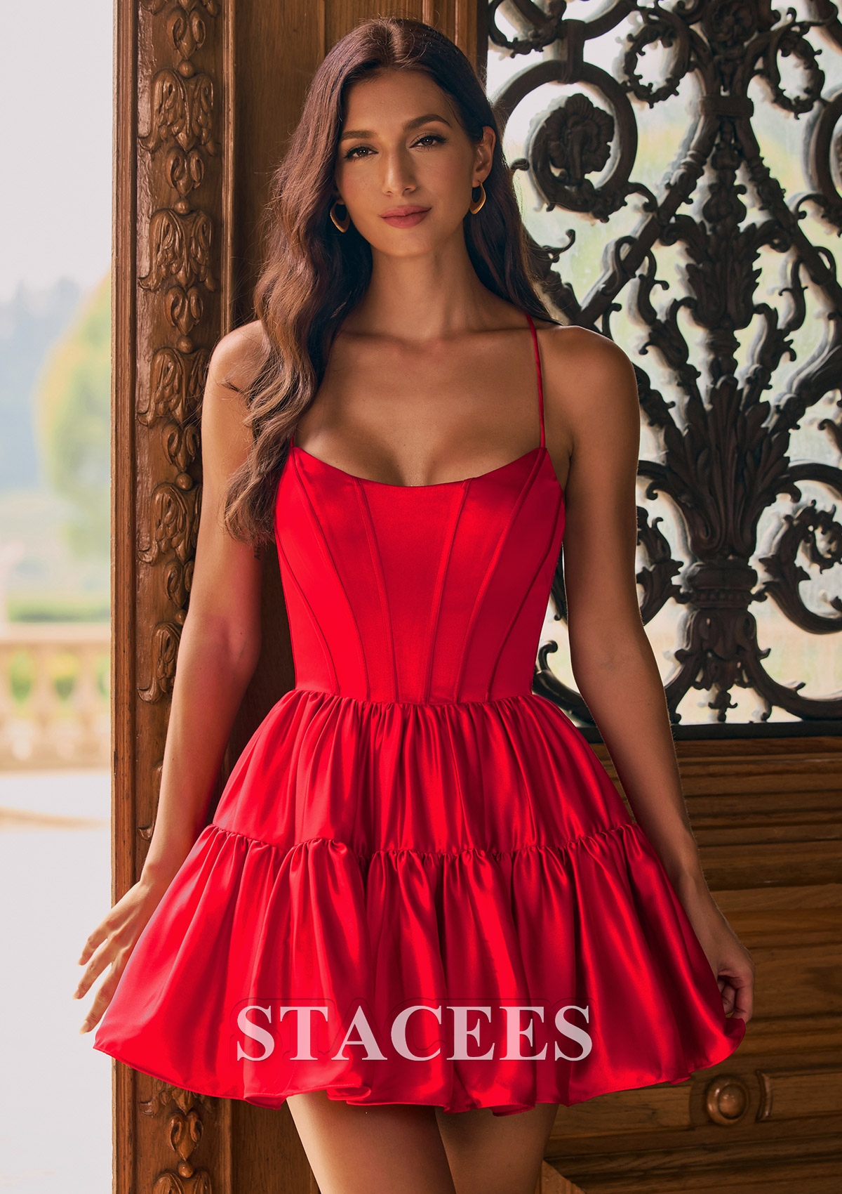 Rouge Robe trapèze scoop satin courte/mini robe de fête de la rentré avec plissé - STACEES
