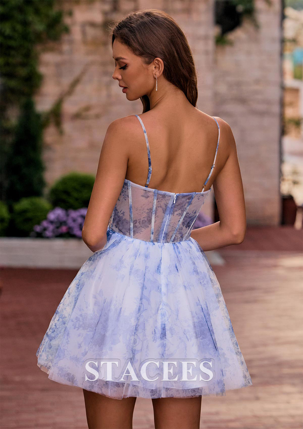 Floral bleu océan Robe trapèze carrée tulle courte/mini robe de fête de la rentrée avec plissé - STACEES