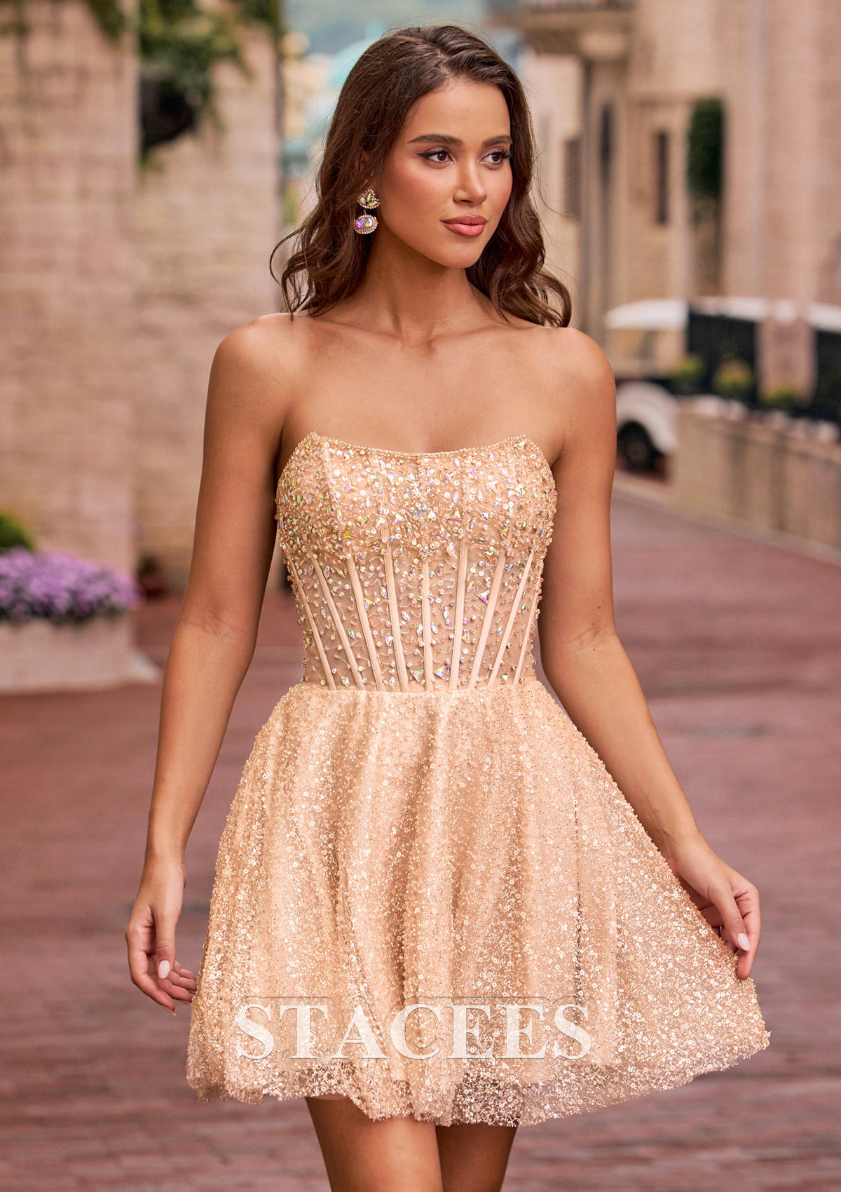 Champán Vestido línea a cuello cuadrado lentejuelas corto vestido para homecoming - STACEES