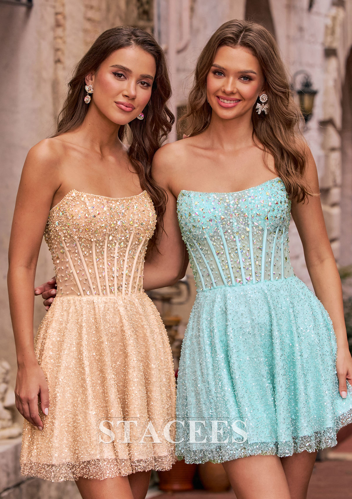Champán Vestido línea a cuello cuadrado lentejuelas corto vestido para homecoming - STACEES