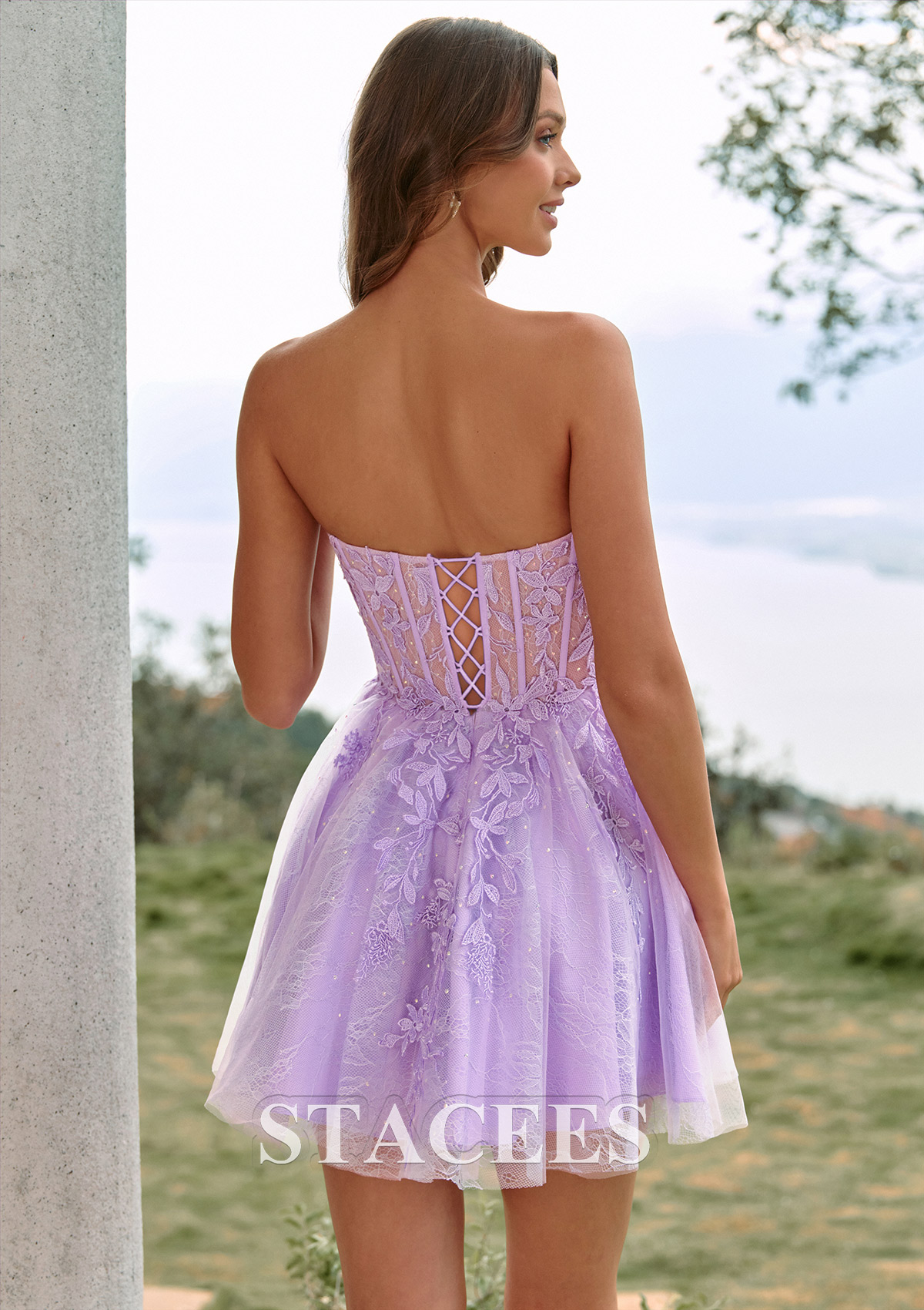 Lilas Trapèze col cœur tulle courte/mini robe de fête de la rentré avec perles dentelle plissé - STACEES