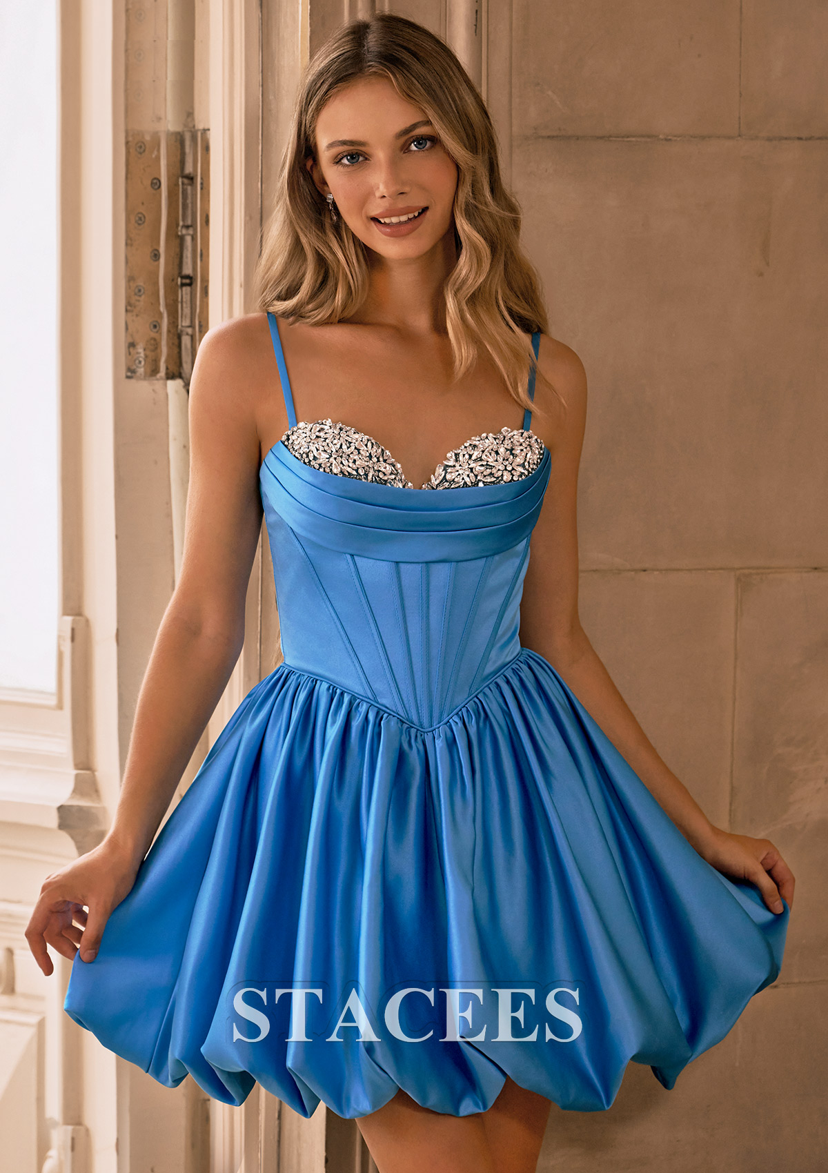 Blue Jay A-line Sweetheart Ruched Crystal Corset Satin Bubble Homecoming Dress  - STACEES