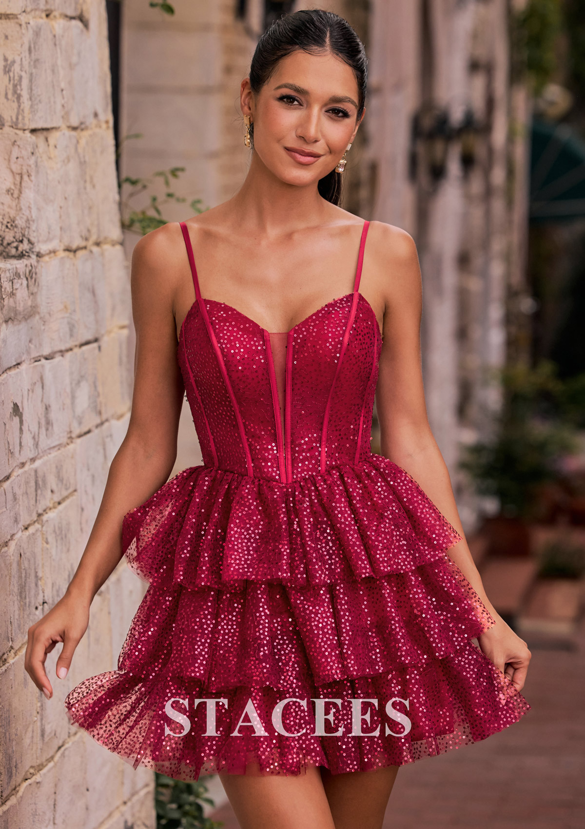 Burgundy A-line Sweetheart Sequin Ruffle Tiered Homecoming Dress - STACEES