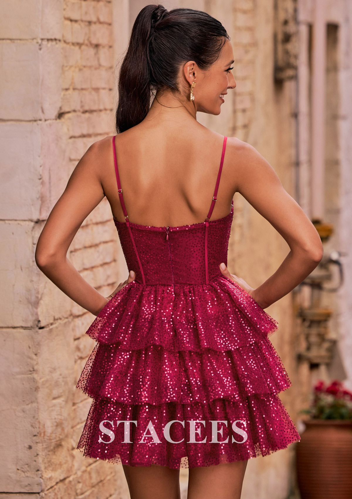Burgundy A-line Sweetheart Sequin Ruffle Tiered Homecoming Dress - STACEES