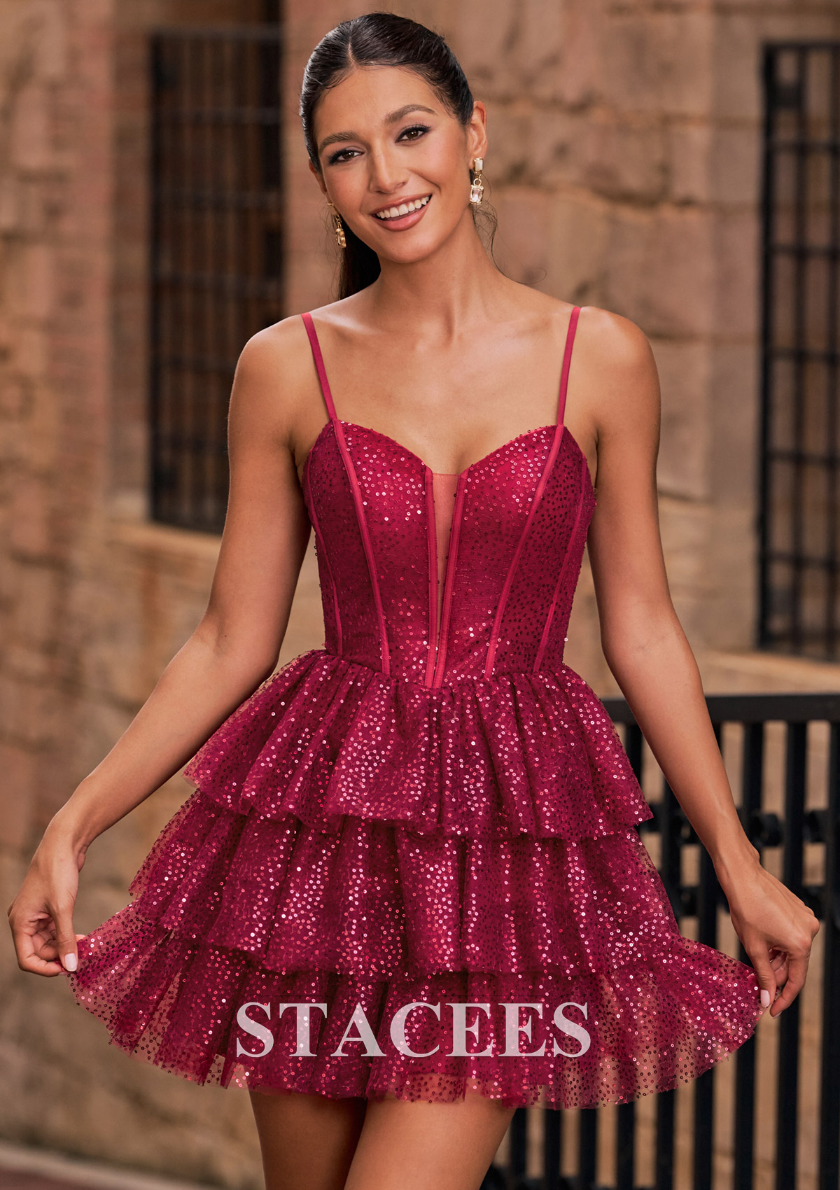 Burgundy A-line Sweetheart Sequin Ruffle Tiered Homecoming Dress - STACEES