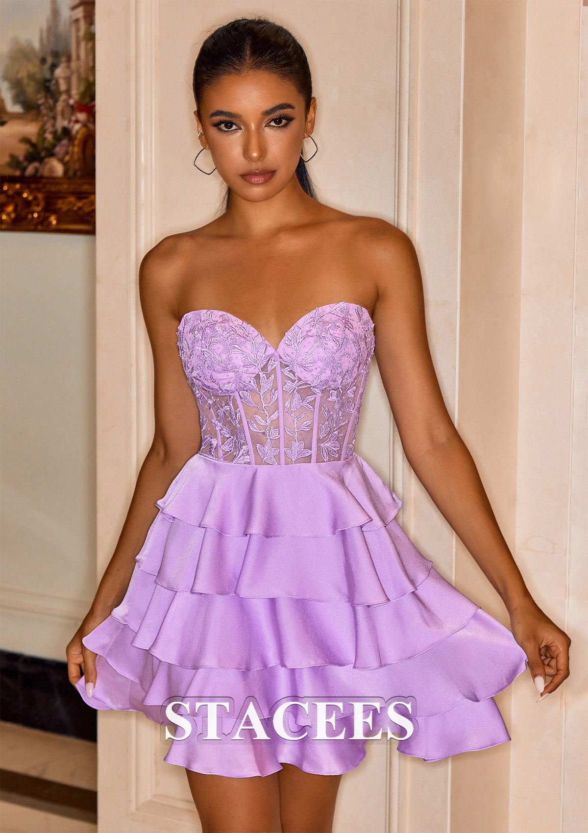 Lilac Vestido línea a cuello de corazón satén elástico corto/mini vestido para homecoming - STACEES