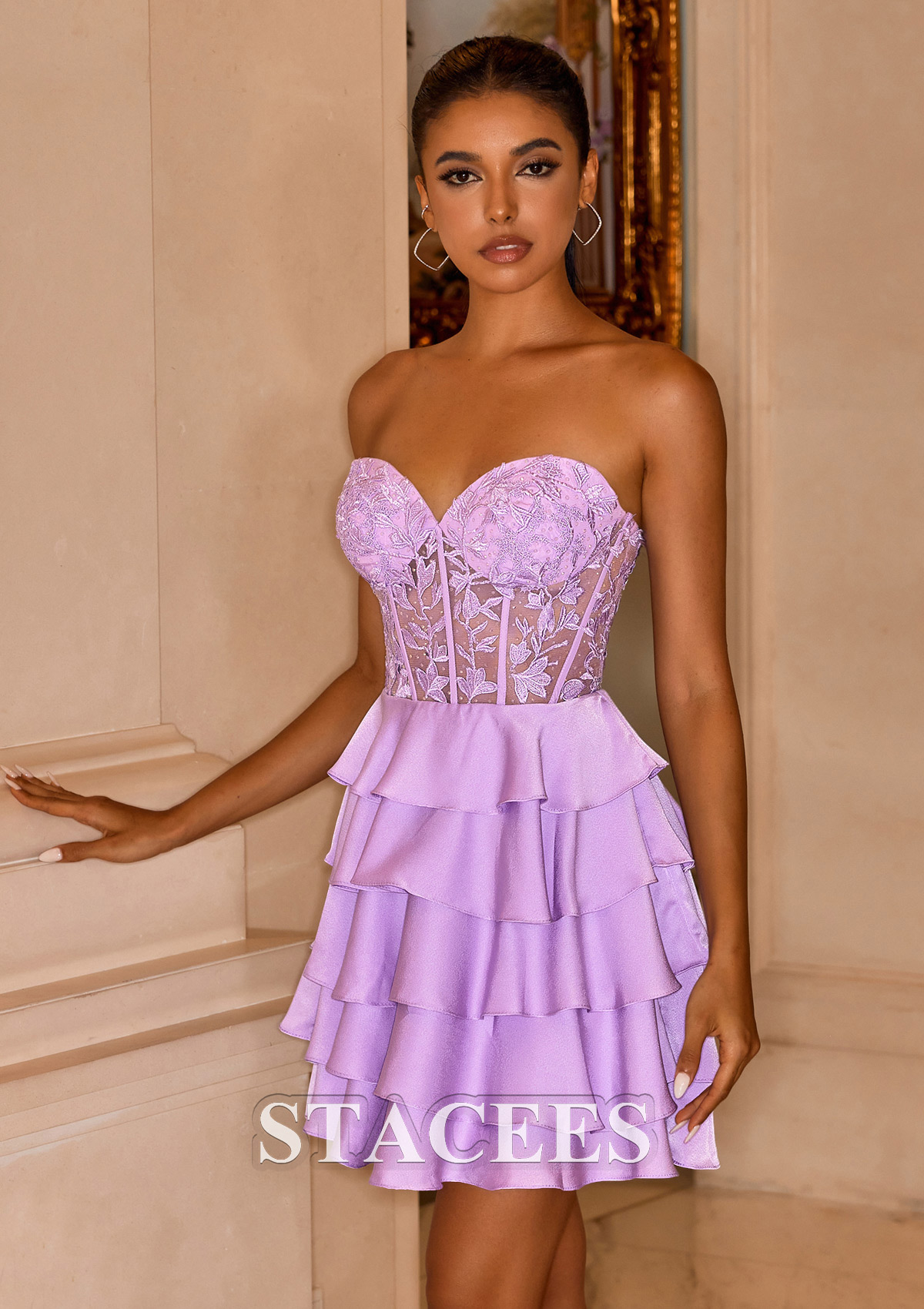 Lilac Vestido línea a cuello de corazón satén elástico corto/mini vestido para homecoming - STACEES