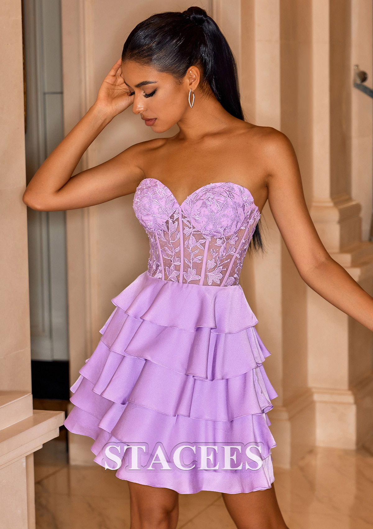 Lilac Vestido línea a cuello de corazón satén elástico corto/mini vestido para homecoming - STACEES