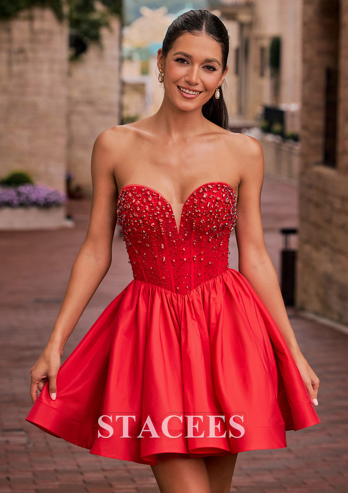 Rouge Robe trapèze cache coeur taffetas courte/mini robe de fête de la rentrée avec perles plissé - STACEES