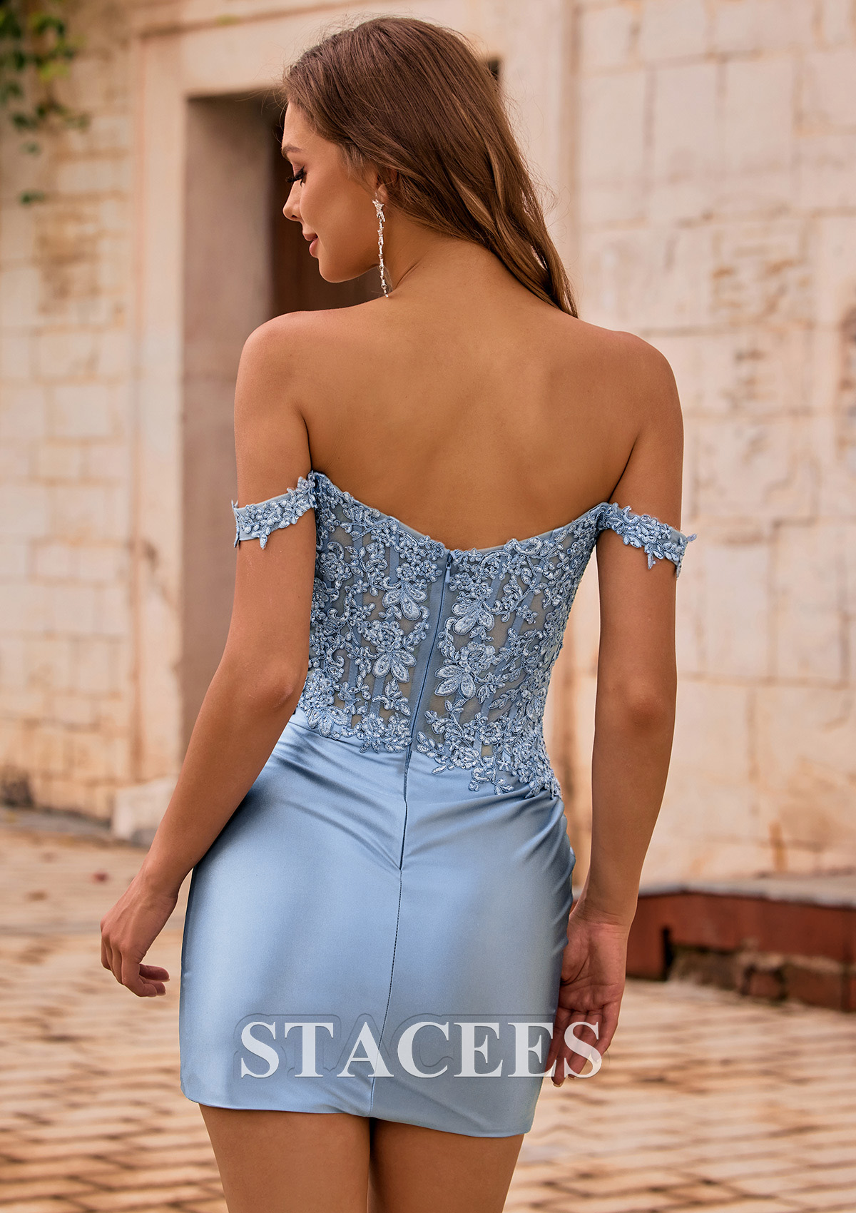 Azul Polvoriento Tubo hombros descubiertos seda como el satén corto vestido para homecoming - STACEES